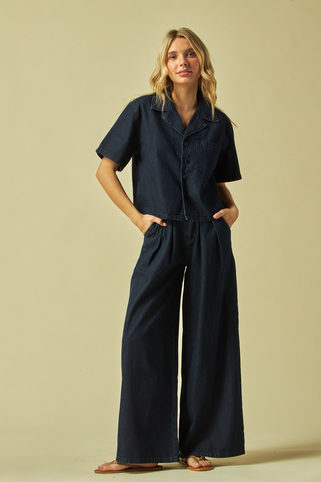 Denim set women
Crop top and wide leg pants set
Notched collar denim shirt
Button up crop top denim
High rise wide leg denim pants
Denim two-piece outfit
Casual denim crop top set
Front pocket denim shirt
Denim set with button up crop top and wide leg pants
High waisted straight leg denim pants with crop shirt
Casual denim outfit with front pocket crop top
Summer denim co-ord with notched collar shirt
Stylish denim crop top with matching wide leg jeans
Lightweight denim set for women with button up top