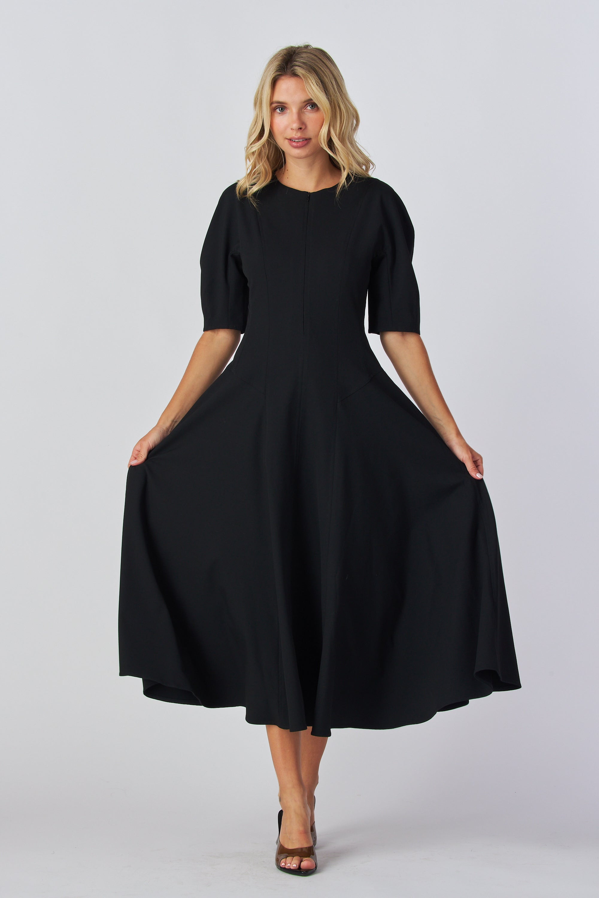 Fit and flare midi dress
Short sleeve midi dress
Round neckline dress
Collarless midi dress
Front and back zipper dress