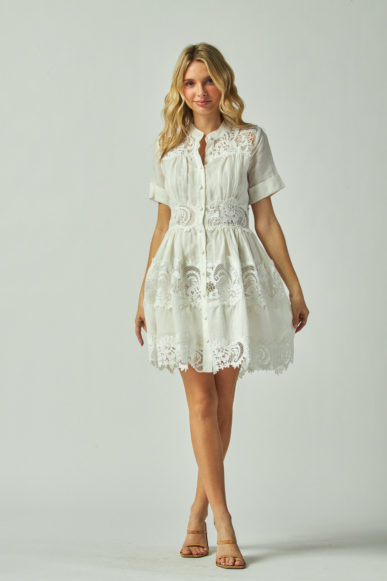 Band collar mini dress
Button up lace mini dress
Short sleeve lace dress
Lace accent mini dress
Button front mini dress
Layered lace mini dress
High neck mini dress
Mini dress with lace details
Mini dress with band collar and button front
Romantic lace mini dress with short sleeves
Button up short sleeve mini dress with lace trim
Layered lace dress with vintage flair
Feminine mini dress with high neckline and lace accents
Delicate short dress with band collar and button detail
Summer mini dress with lace 