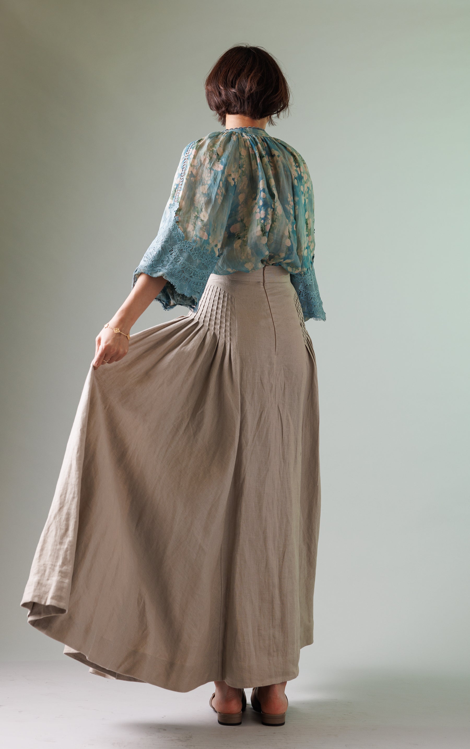 Adriana Top | Teal Lace-Trim Ramie Top | YNAKIM