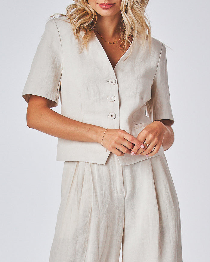 Alice Jacket ivory collarless short-sleeve jacket full-length front view