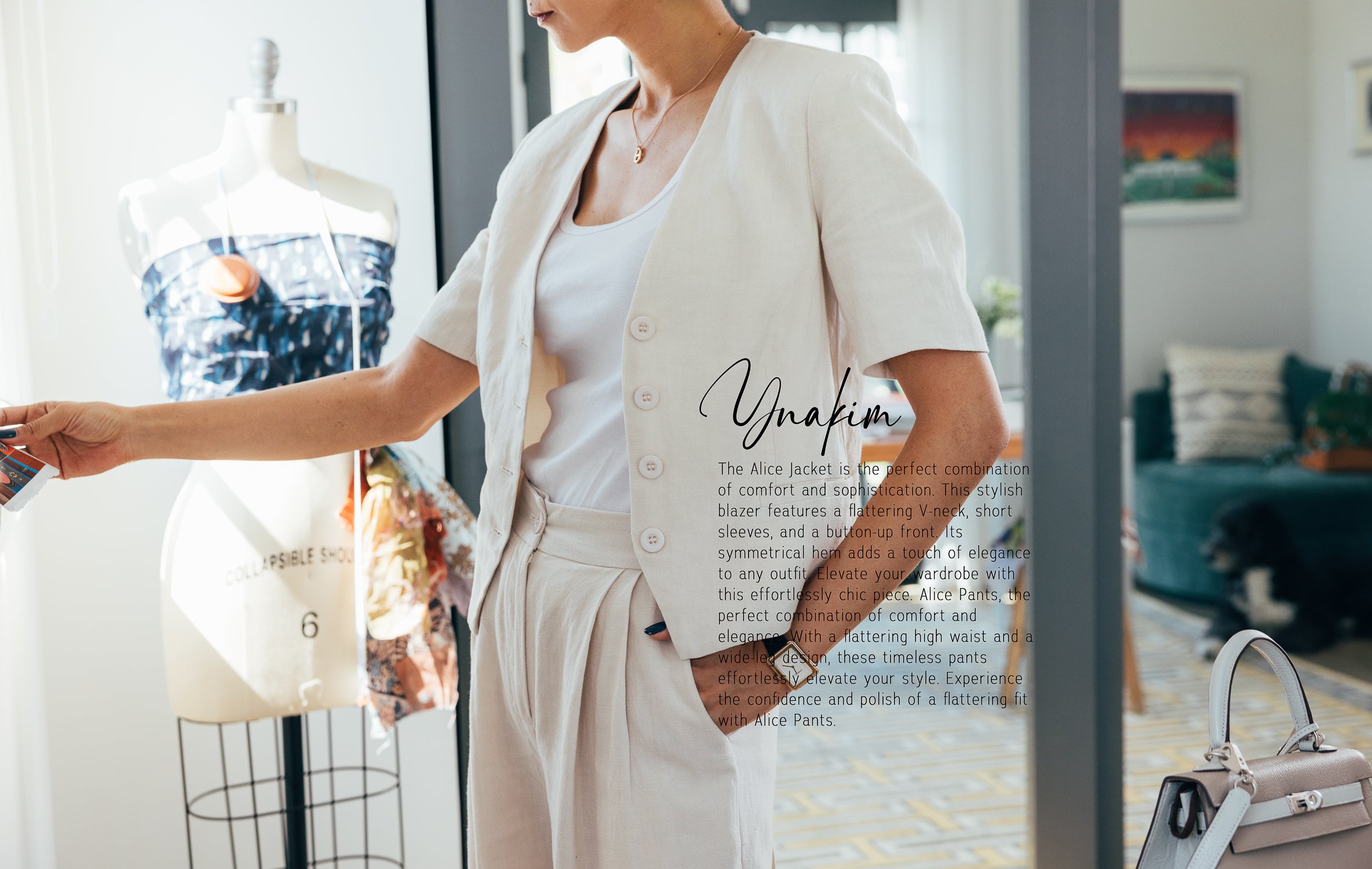 Collarless
Front button 
Short sleeves 
Chic design 
Cop jacket
Slack pants
Pleated waist
High waist 
Relax pants