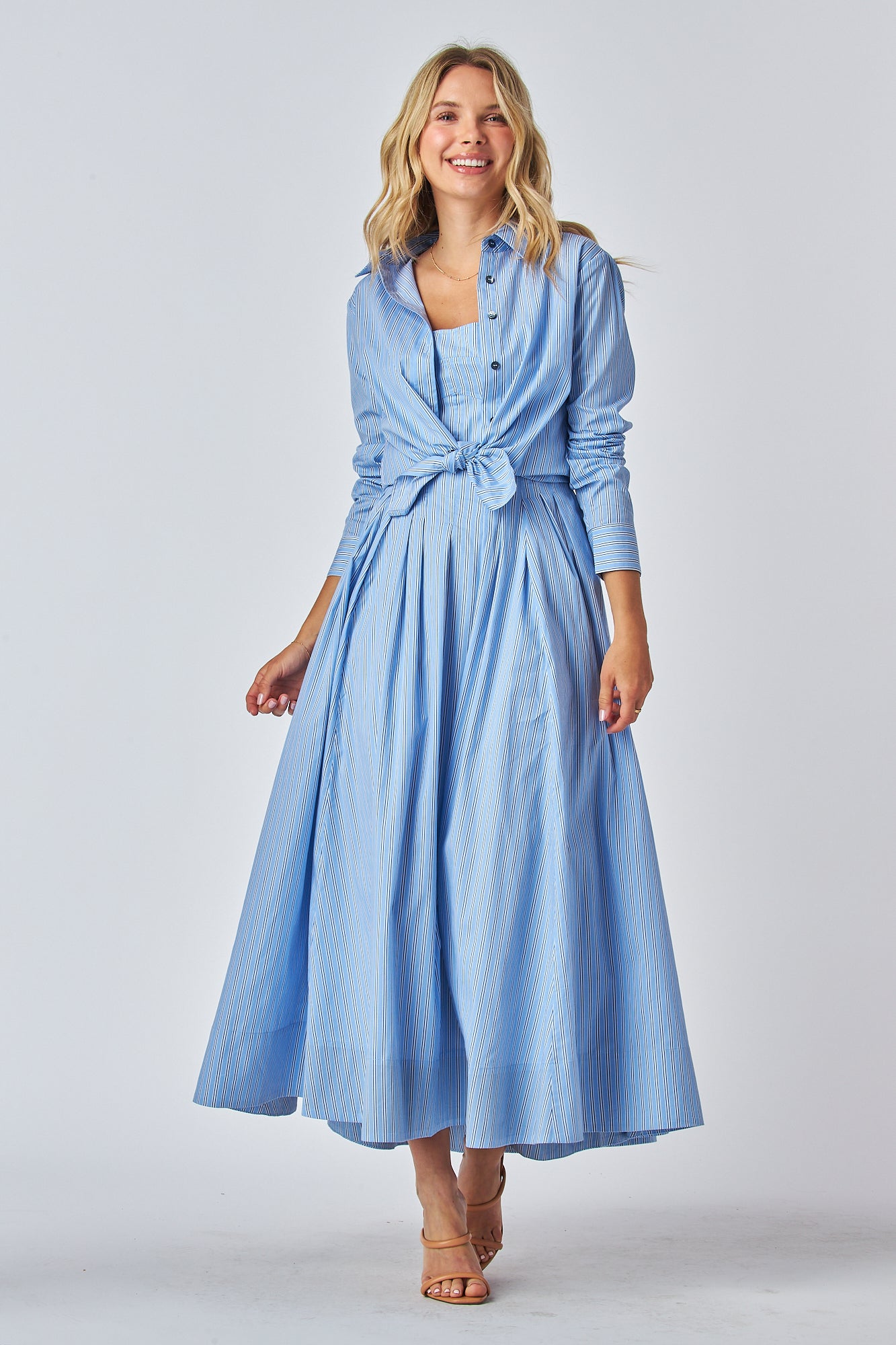 Long sleeve button-up shirt
Shirt collar blouse
Front button shirt top
Spaghetti strap maxi dress
Pleated waist A-line dress
Side zippered maxi dress
Two-piece dress set
Layered shirt and dress set
Elegant maxi dress outfit
Casual chic dress set
A-line pleated maxi dress
Lightweight long sleeve shirt
Adjustable spaghetti strap dress
Sophisticated dress and shirt combo
Versatile maxi dress set