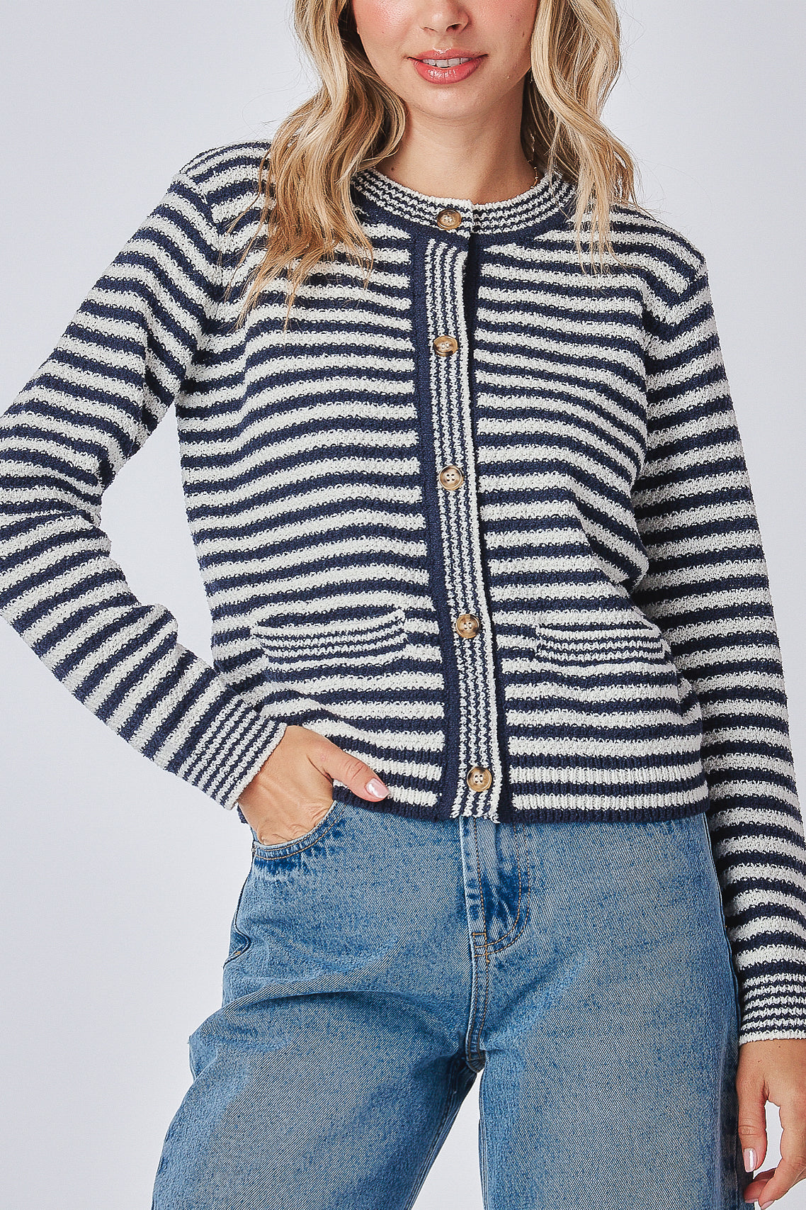 Cozy long sleeve sweater
Button-up striped cardigan
