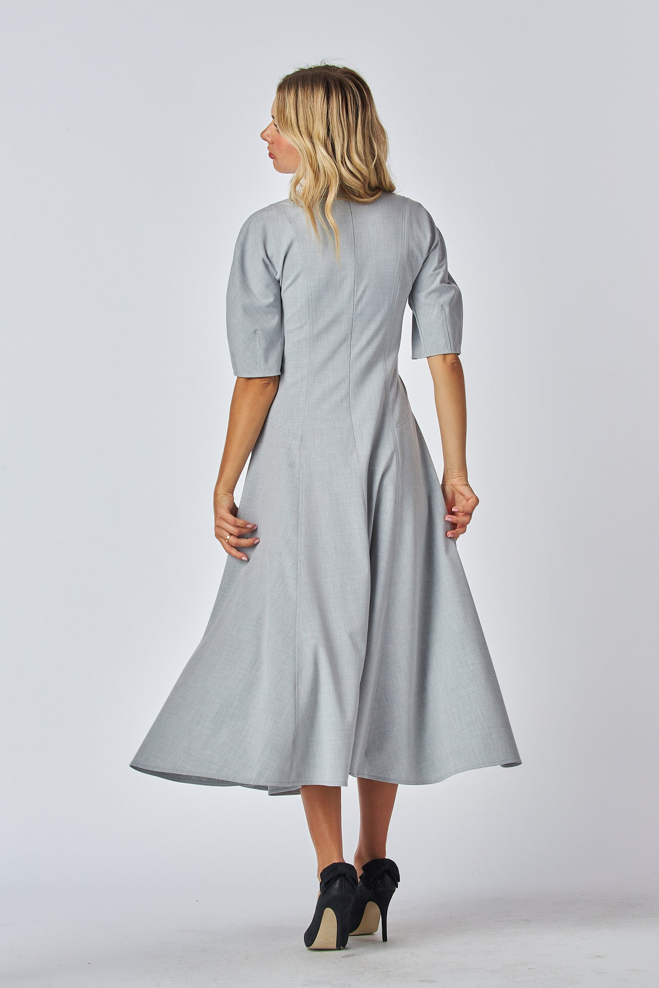Model wearing grey Fit and flare midi dress
