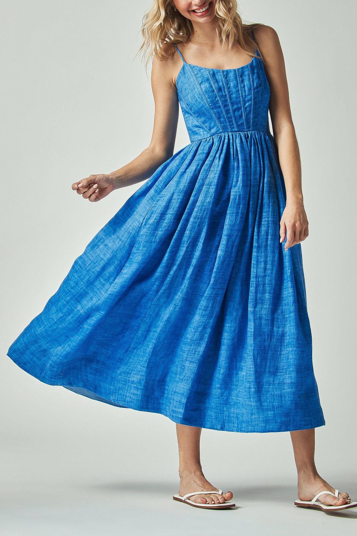 Elianna Dress Elegant Pleated Waist Maxi Dress | Piping Front Panels with Spaghetti Strap Fit & Flare Design Elianna Dress Elegant Pleated Waist Maxi Dress | Piping Front Panels with Spaghetti Strap Fit & Flare Design
