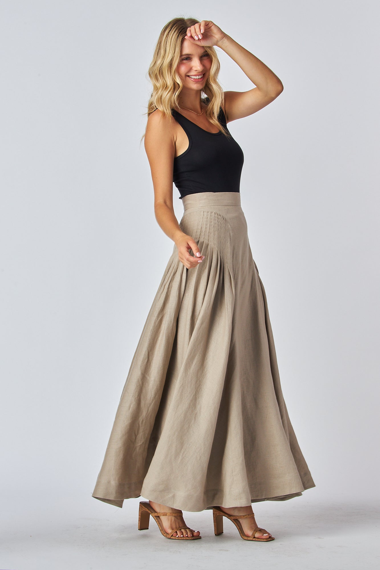 Boho maxi skirt pleated sides linen fabrick high waist skirt