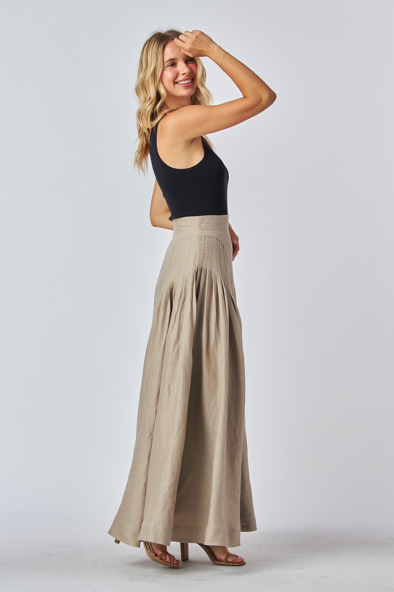 Boho maxi skirt pleated sides linen fabrick high waist skirt