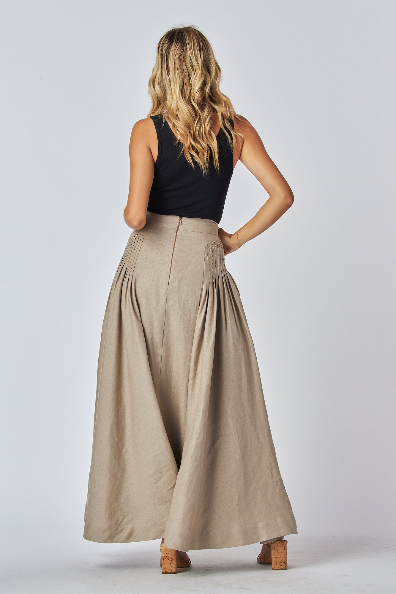 Boho maxi skirt pleated sides linen fabrick high waist skirt