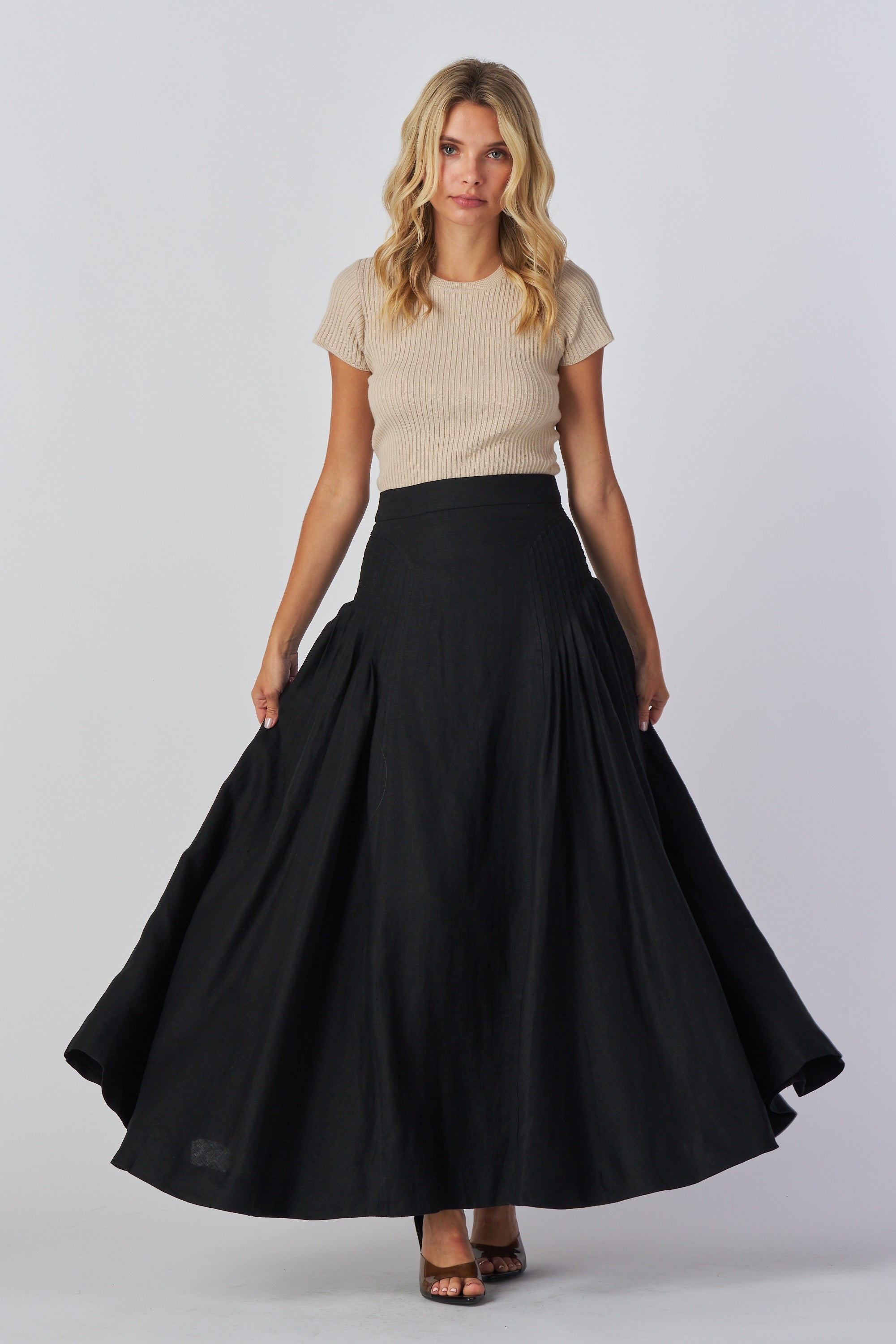 Boho maxi skirt pleated sides linen fabrick high waist skirt