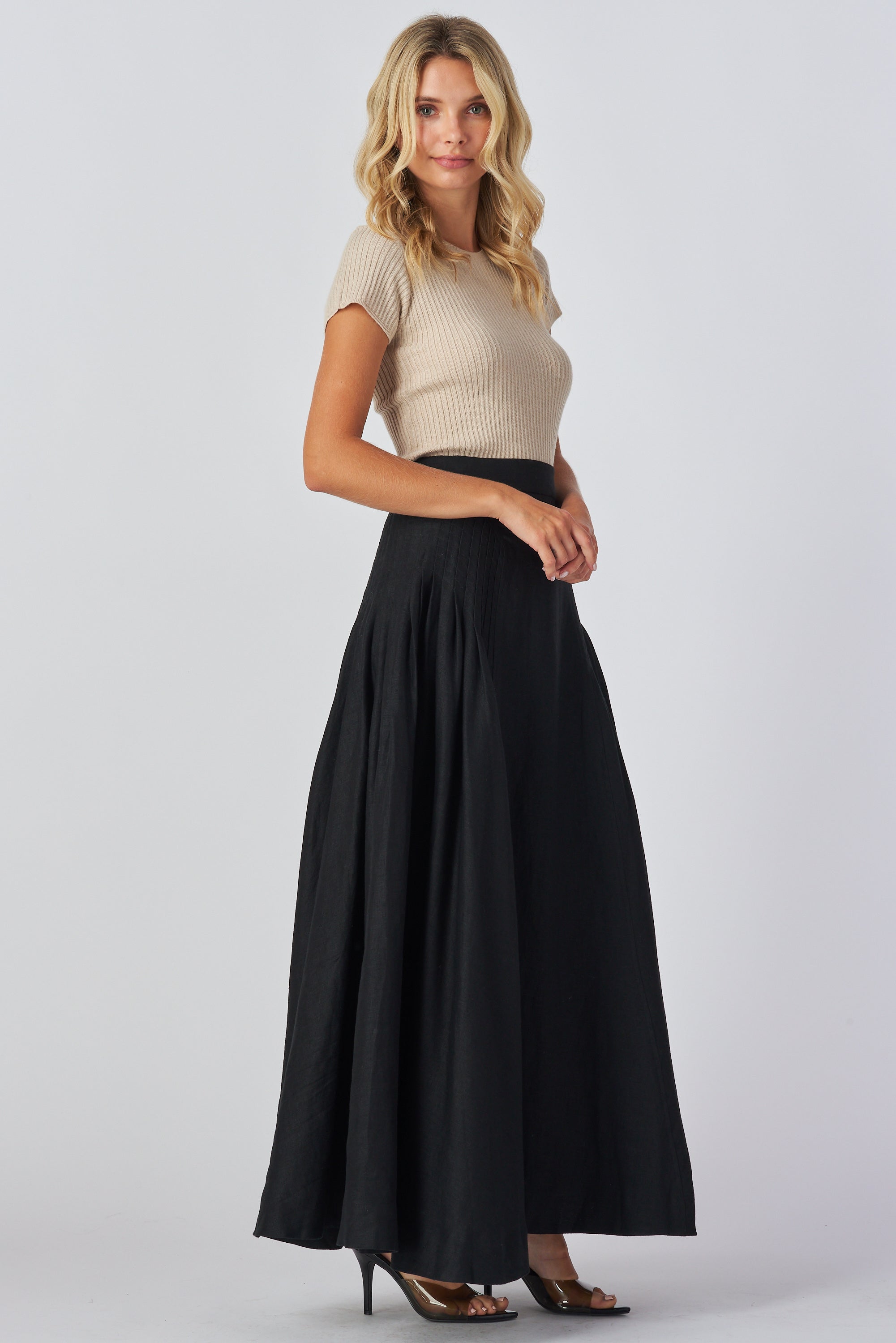 Boho maxi skirt pleated sides linen fabrick high waist skirt