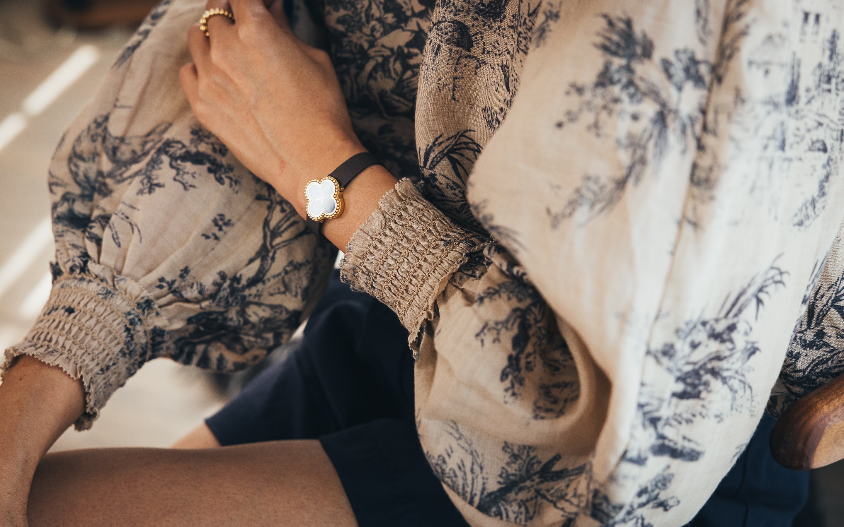 Model Wearing Esther Blouse Taupe Print