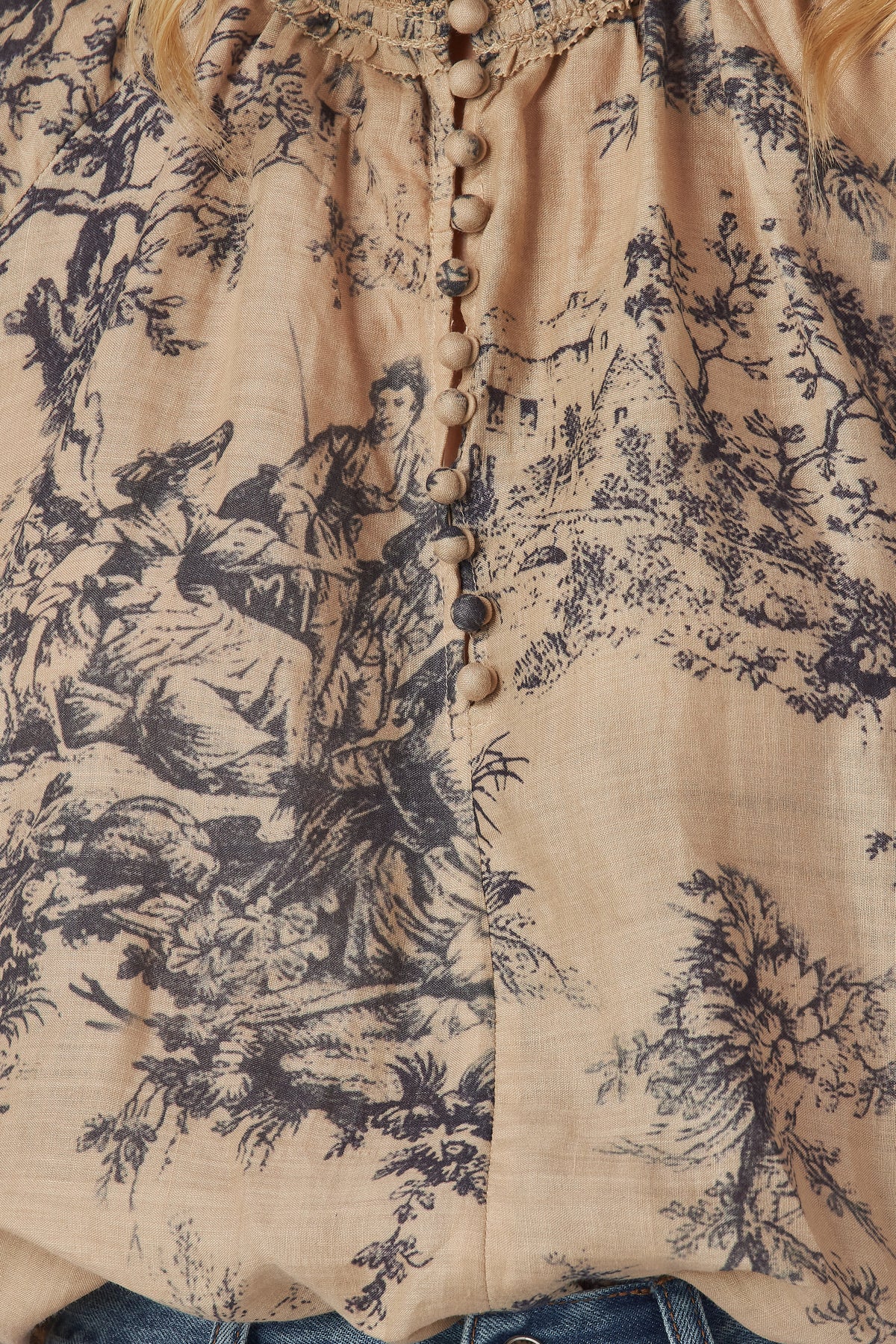 Esther Top covered button placket and toile print close up