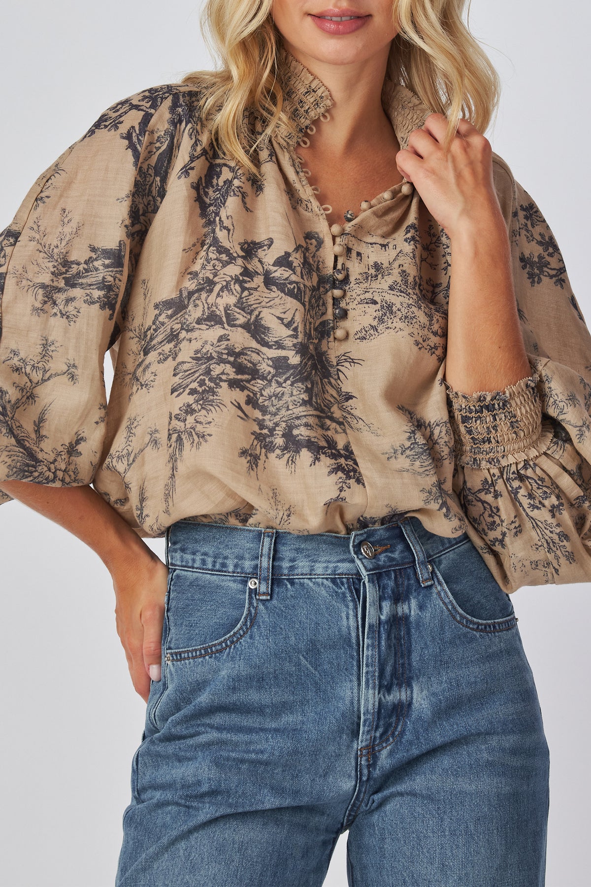 Esther Top toile print worn with jeans, front view