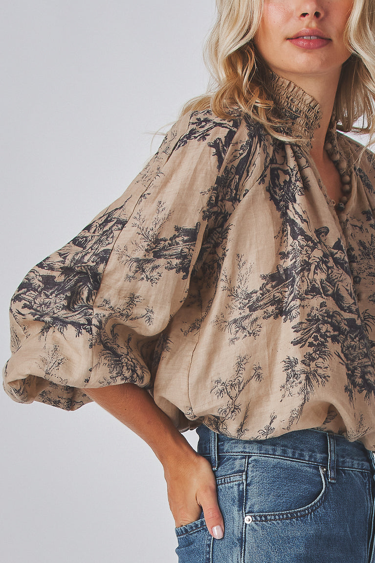 Bohemian band neck
Button up detail
Lace trim allover
Puff sleeves fitted cuffs
Loose fit top
100% Ramie