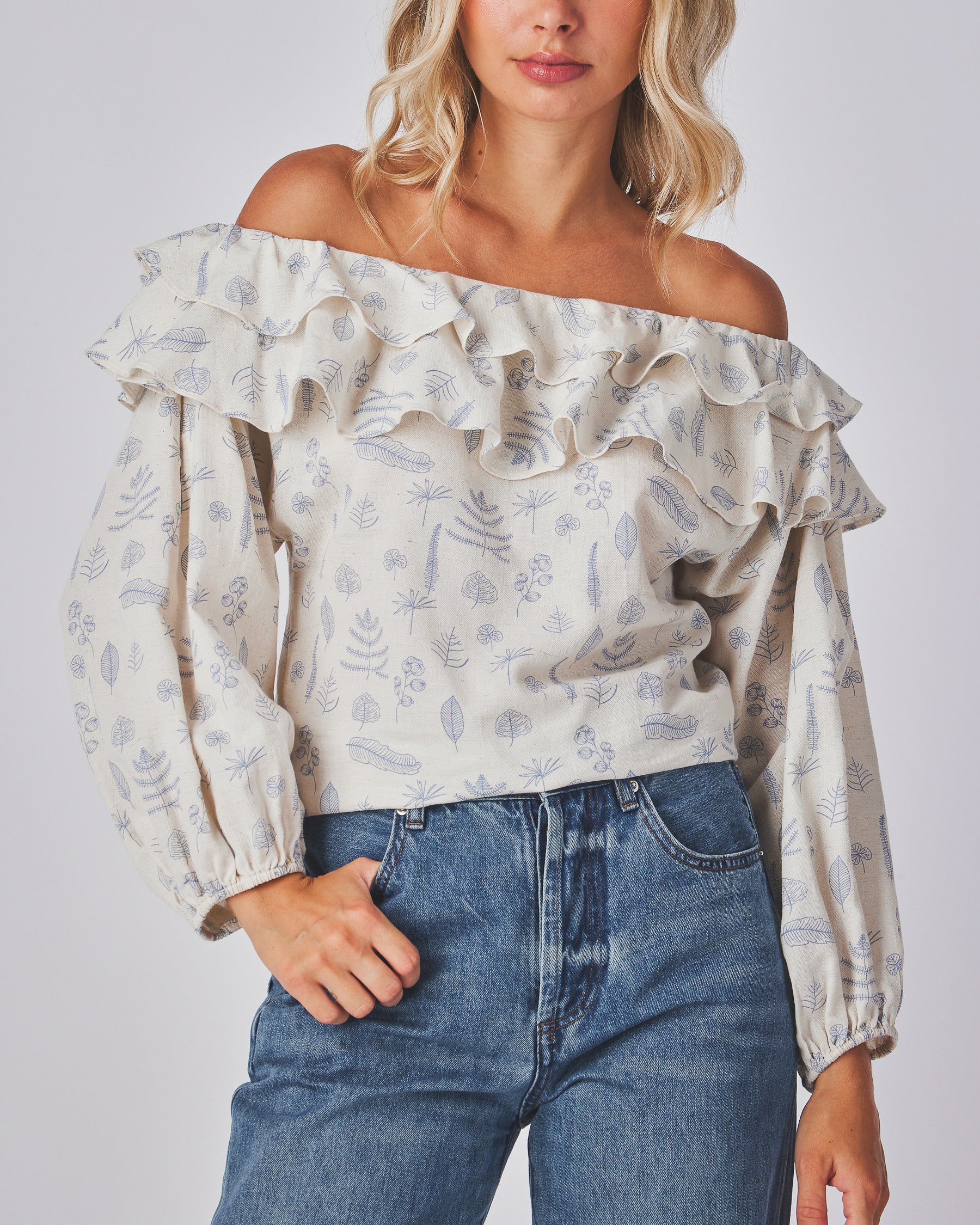 Ethereal Elegance Off-Shoulder Blouse – Lantern Sleeves & Fitted Cuffs – Relaxed Fit Boho Chic Top