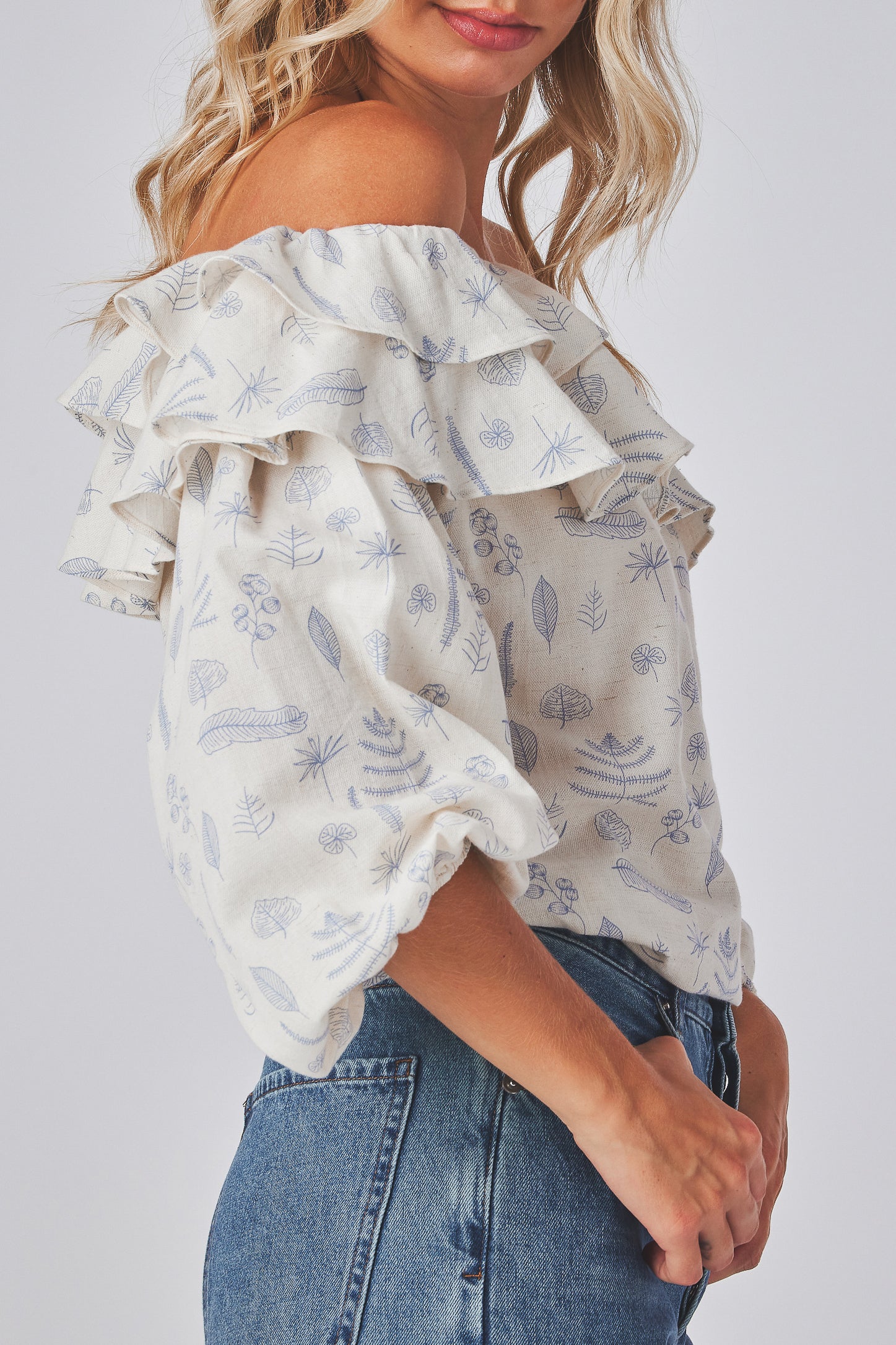 Ethereal Off-Shoulder Boho Blouse with Voluminous Lantern Sleeves and Refined Fitted Cuffs