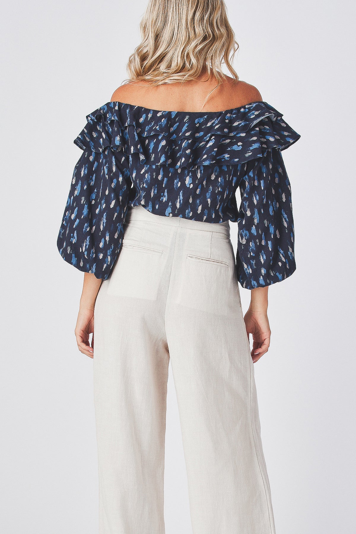 Grazia Top navy print top back view showing the shirred back