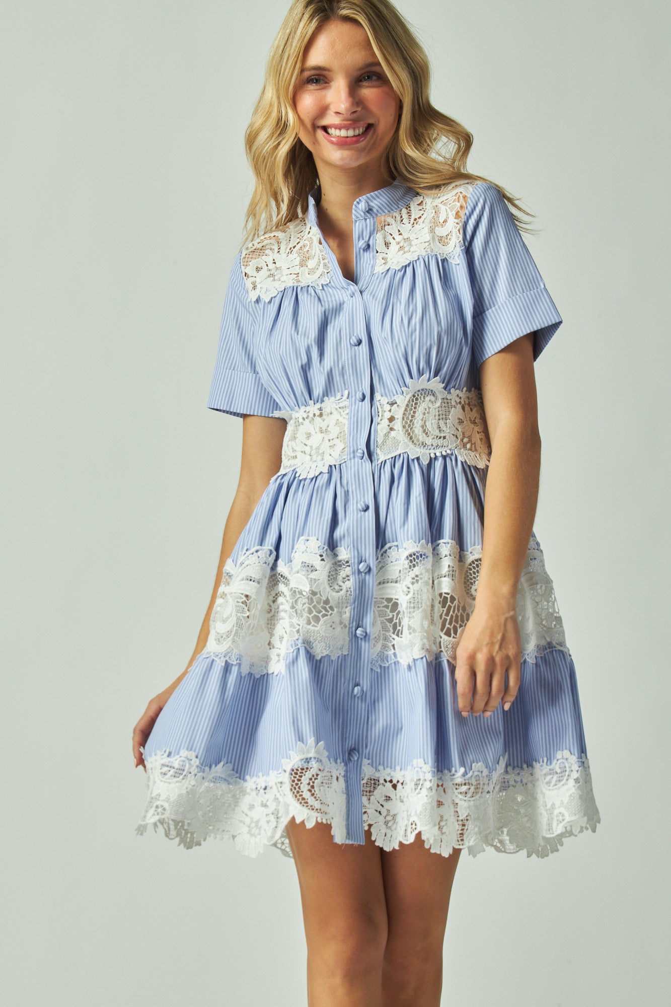 Band collar mini dress
Short sleeve button up dress
Lace layered mini dress
Striped button front dress
Lace blend mini dress
Band neck striped dress
Short sleeve lace dress
Button up mini dress for women
Striped mini dress with band collar and lace layers
Button up short sleeve dress with lace blend fabric
Romantic striped mini dress with layered lace
Feminine mini dress with short sleeves and band neck
Casual lace accent mini dress with stripes
Layered lace stripe dress with button detailing