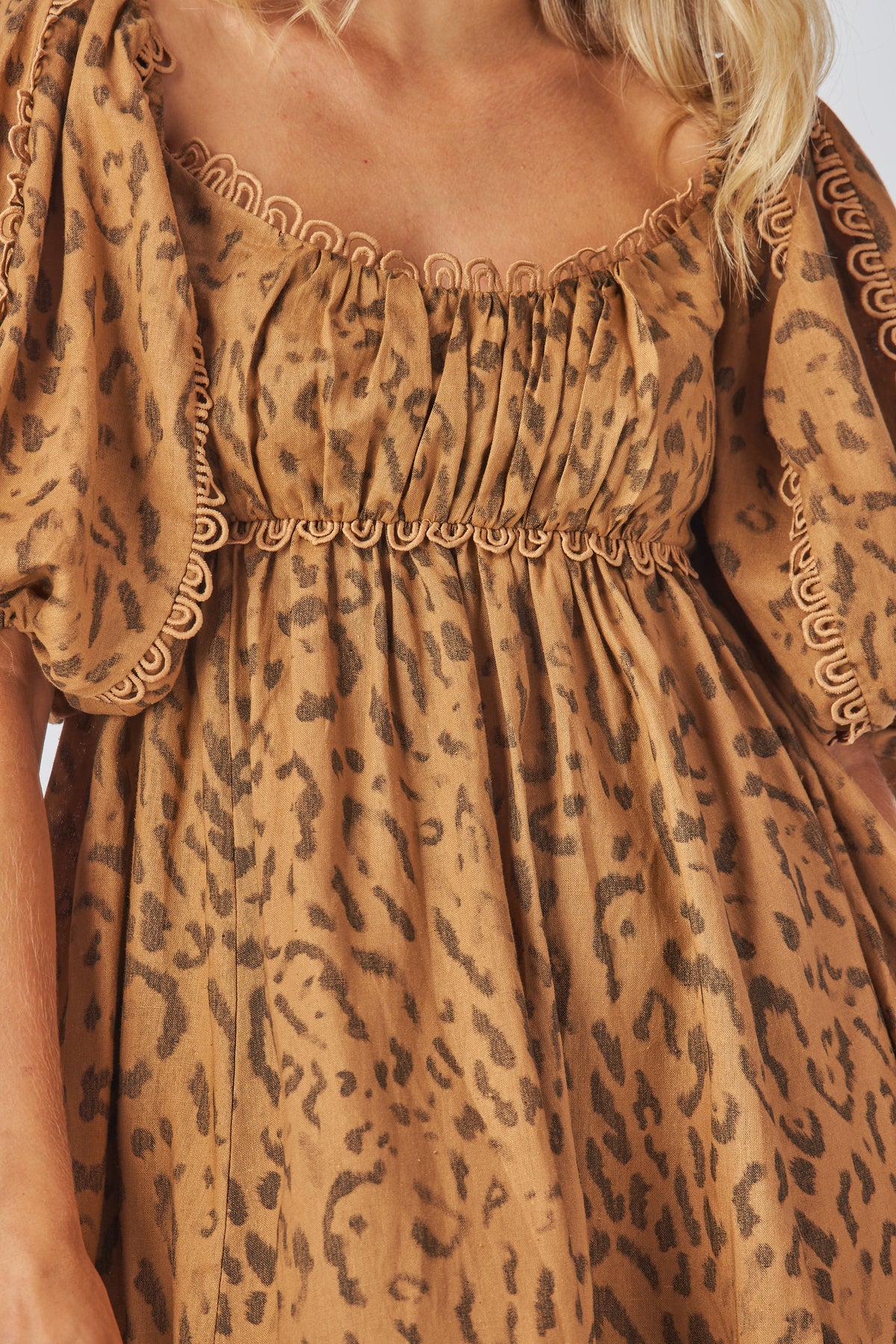 Laura Dress leopard print puff sleeve and shoulder detail