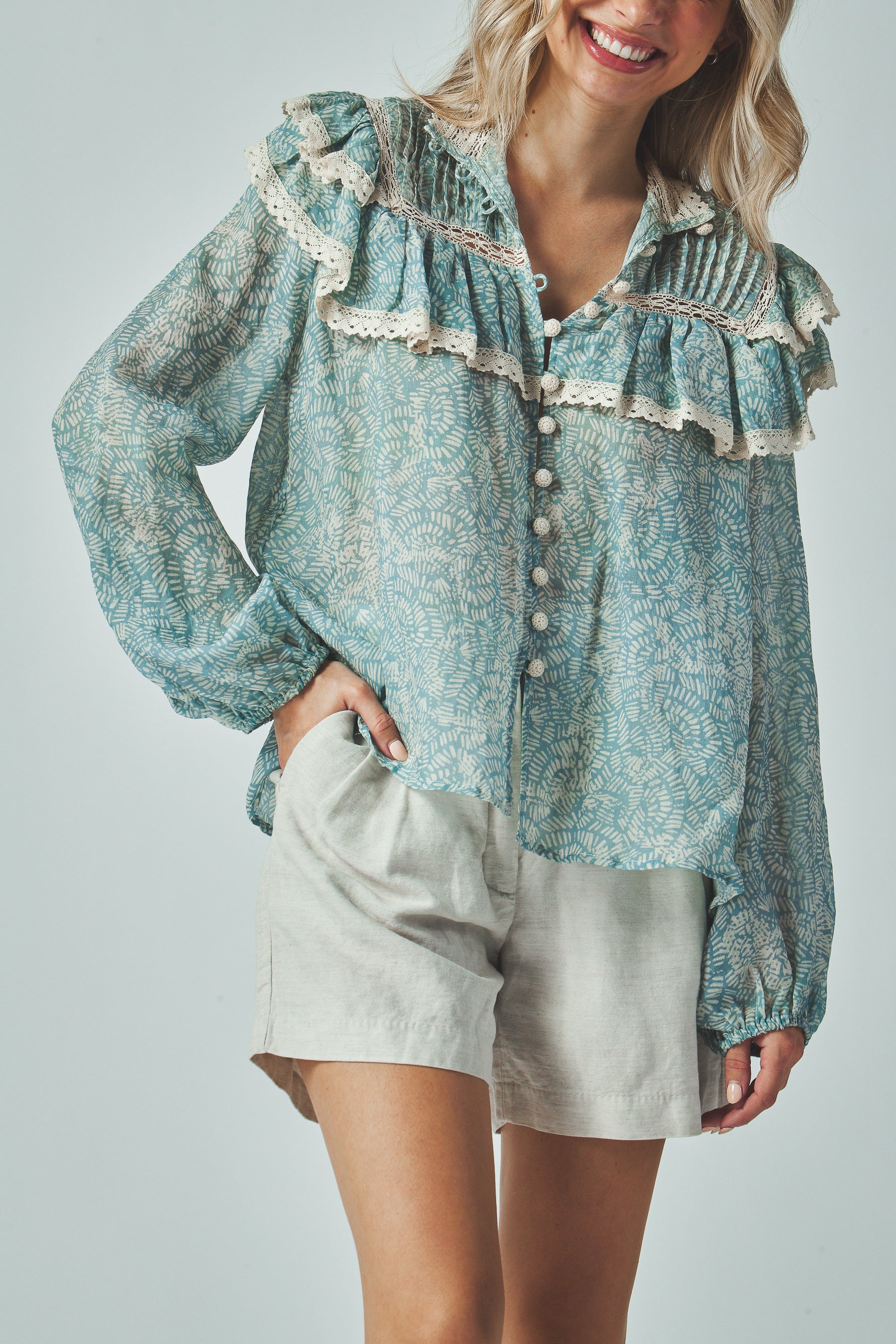 Boho print blouse
Ruffle shoulder boho top
Button up boho blouse
Sheer bohemian blouse
Translucent boho print top
Ruffle layered sleeve blouse
Boho blouse with fitted cuffs
Printed sheer button blouse
Bohemian print blouse with ruffle shoulders