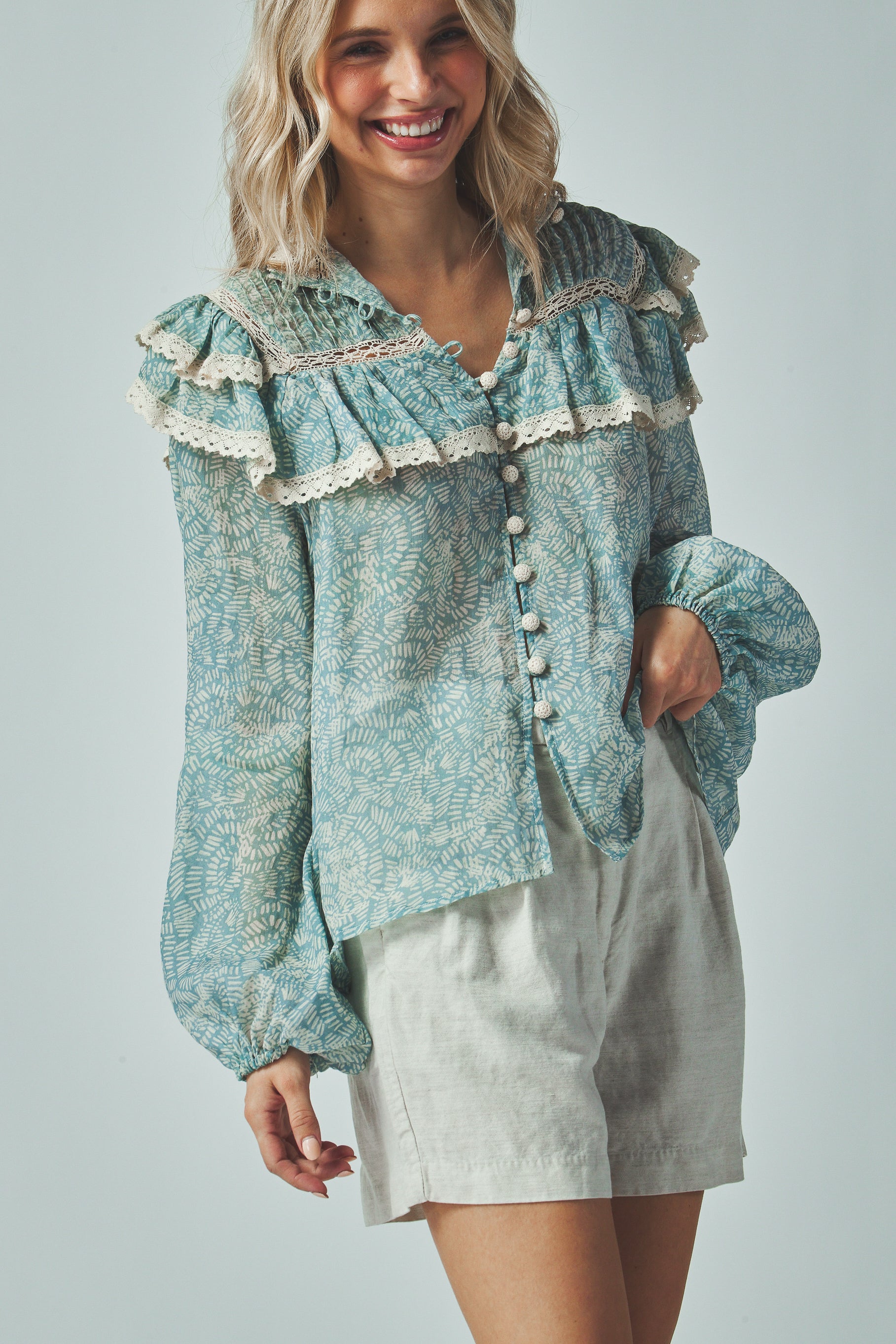 Boho print blouse
Ruffle shoulder boho top
Button up boho blouse
Sheer bohemian blouse
Translucent boho print top
Ruffle layered sleeve blouse
Boho blouse with fitted cuffs
Printed sheer button blouse
Bohemian print blouse with ruffle shoulders