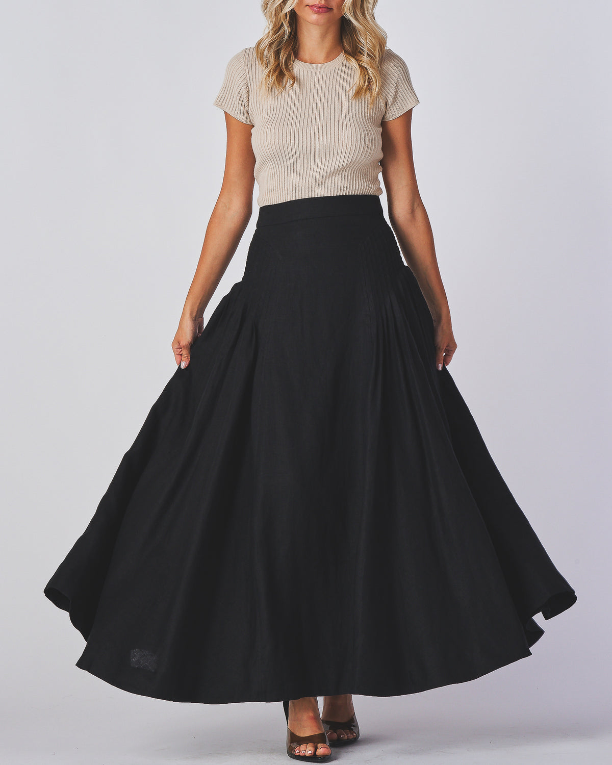 Leticia Skirt black linen maxi skirt, front view