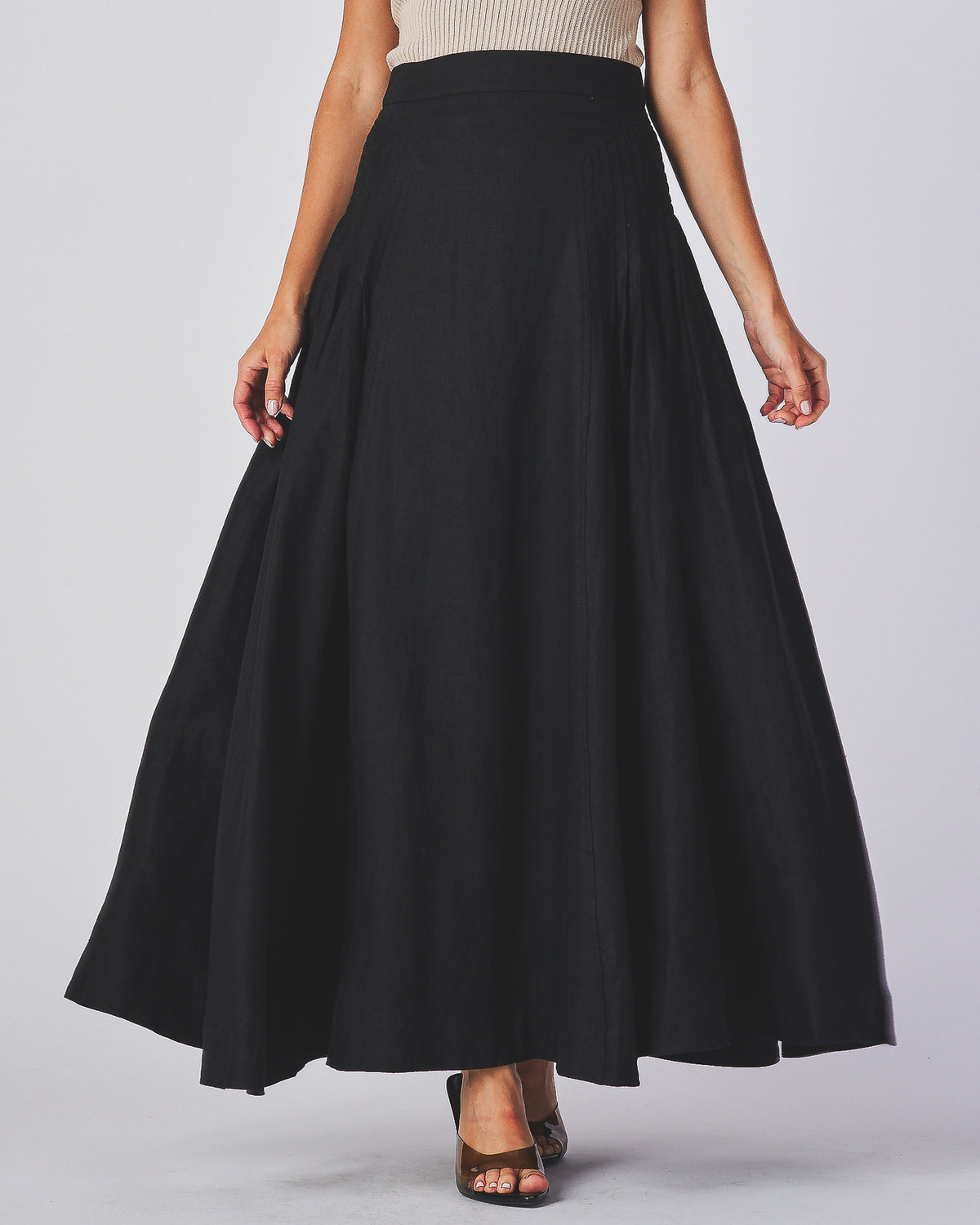 Leticia Skirt black linen maxi skirt with full sweep, front view