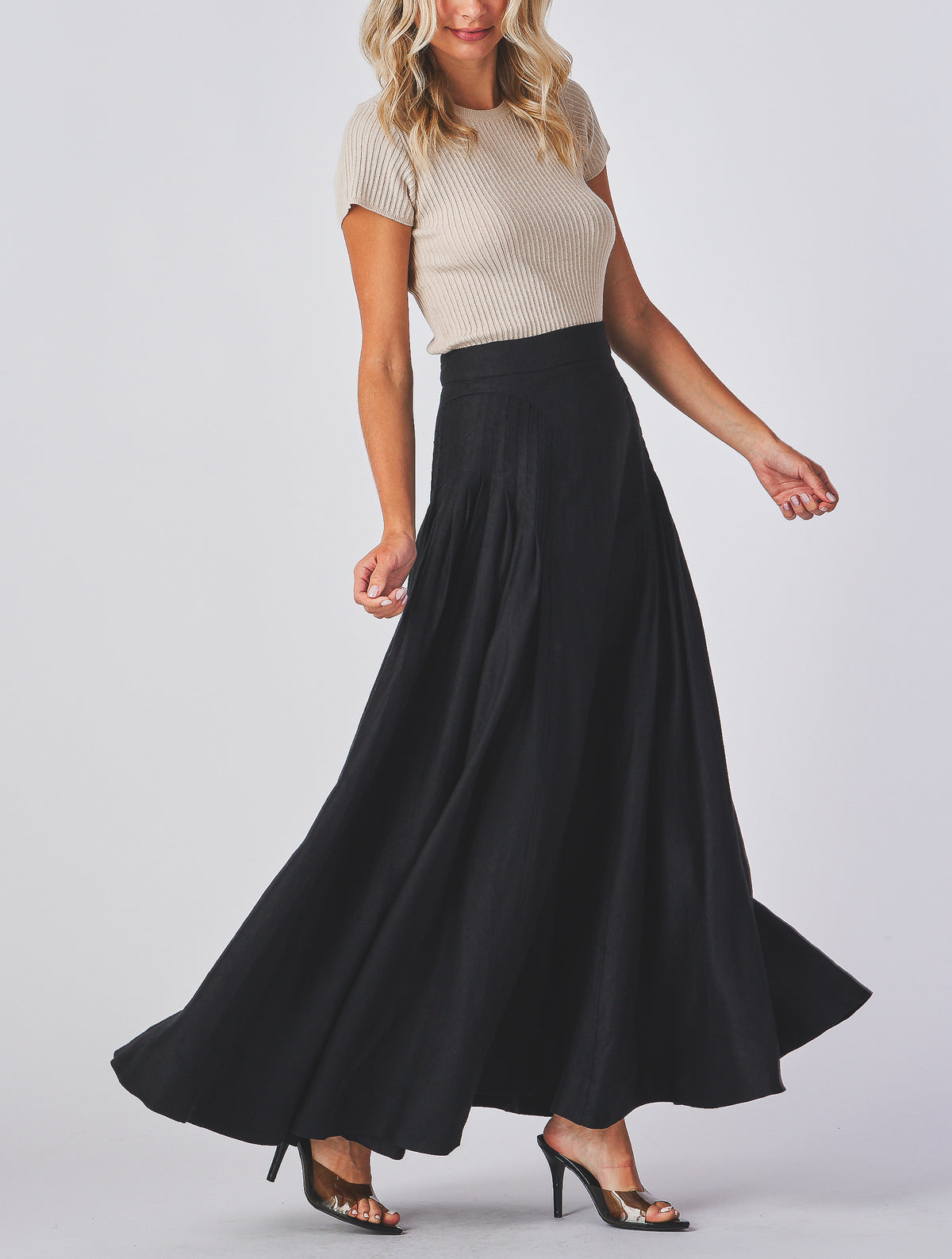 Leticia Skirt black linen skirt, high waistband detail