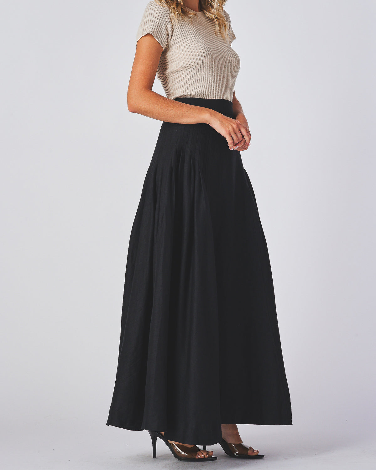 Leticia Skirt black linen maxi skirt, side view