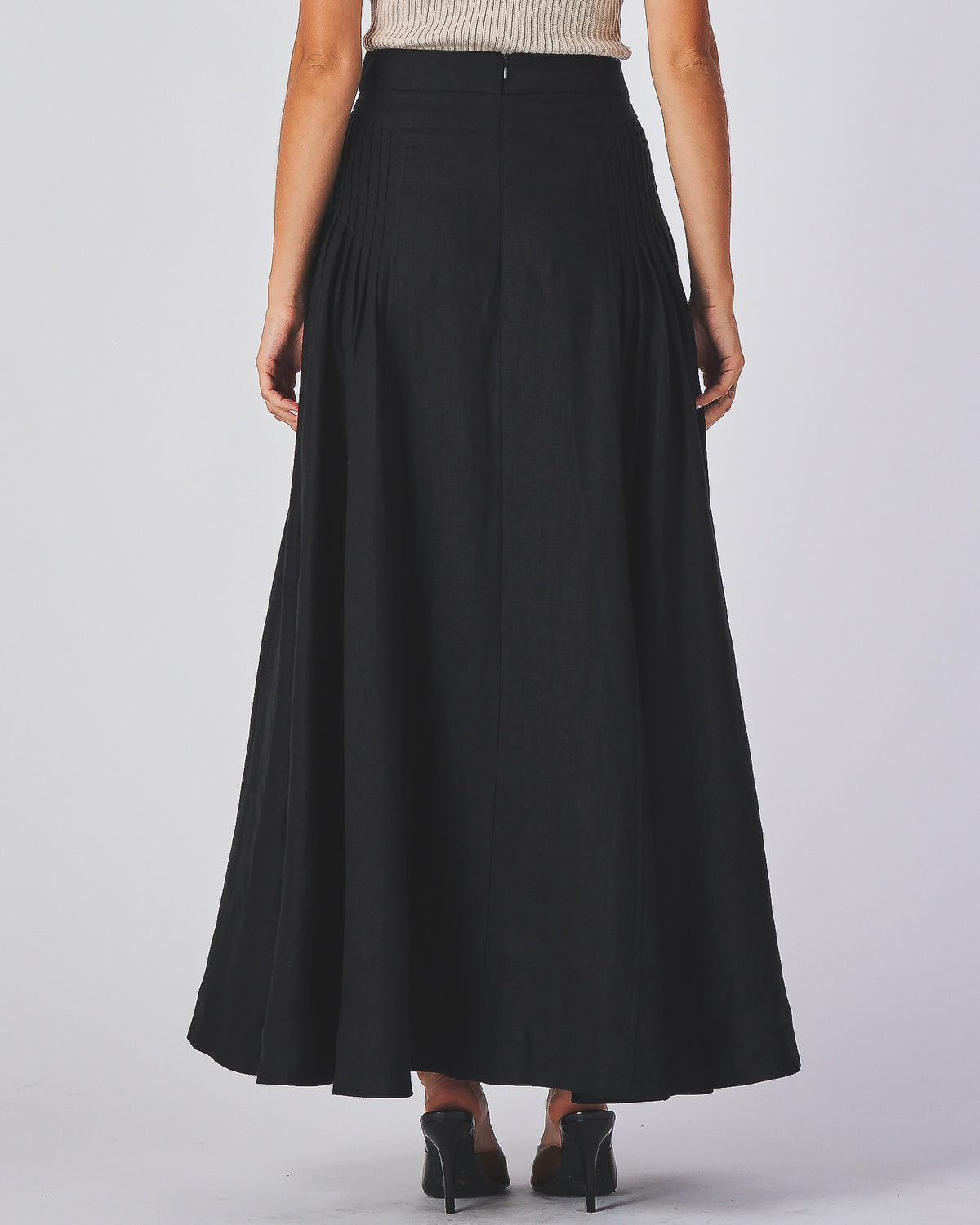Leticia Skirt black linen maxi skirt, three quarter view