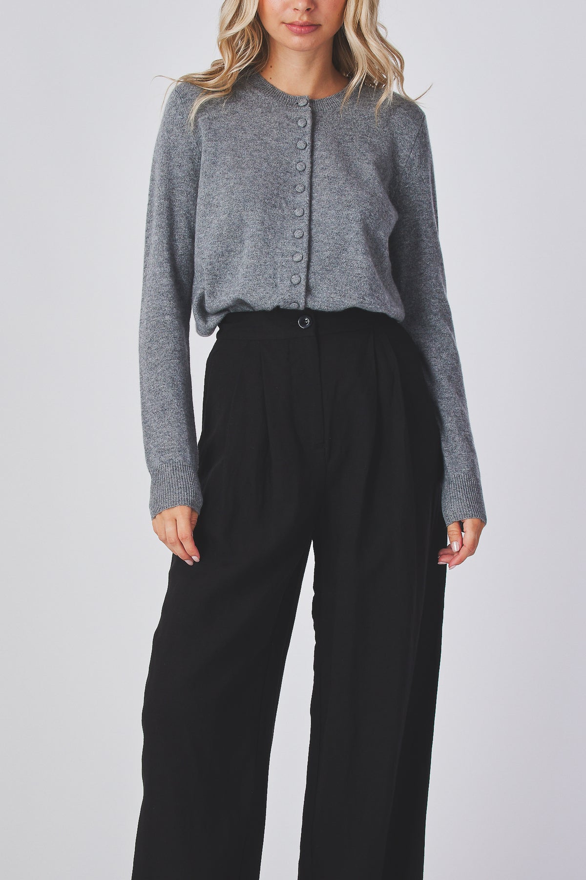 Mabel Cardigan in grey worn with tailored trousers, full length front view