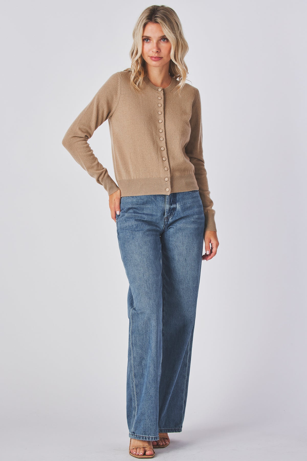 Mabel Cardigan in taupe worn with denim, full length front view