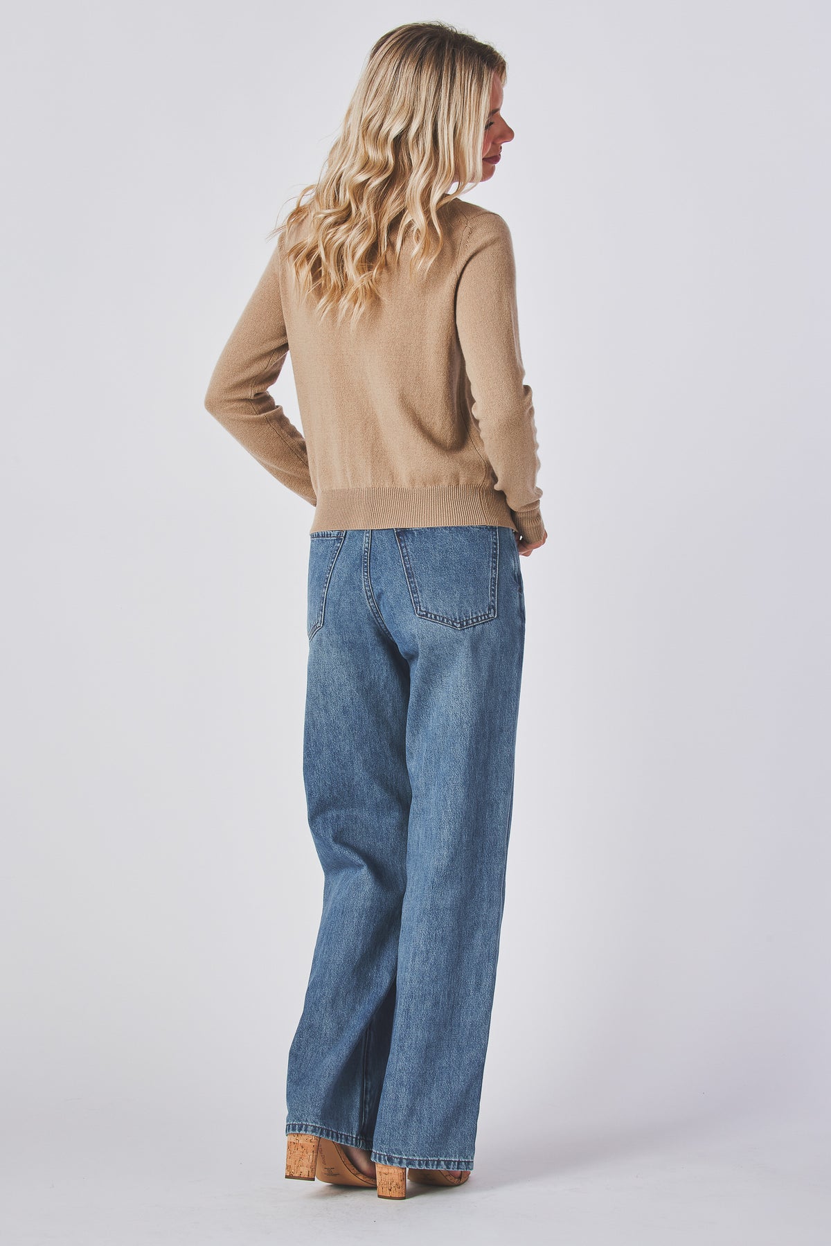 Mabel Cardigan in taupe showing the plain knit back, back view