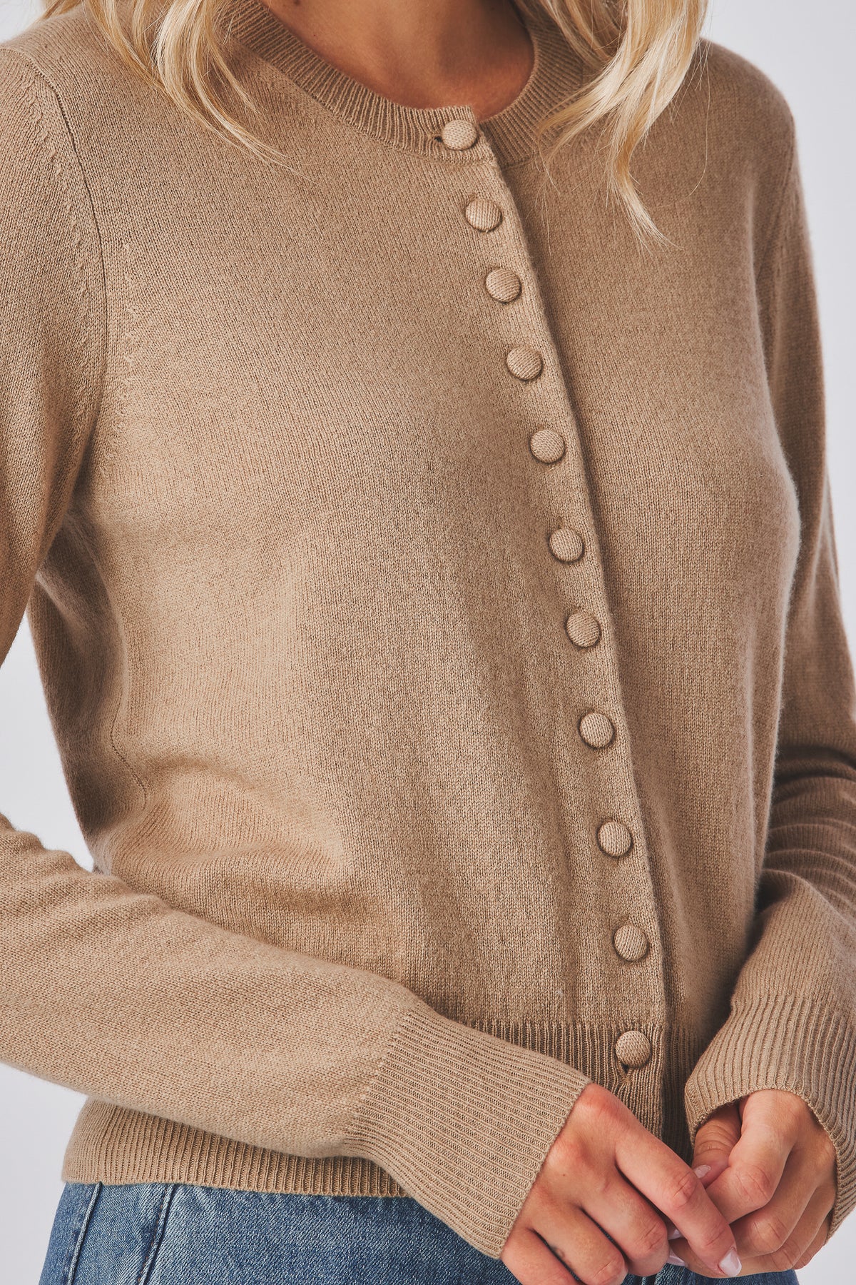 Mabel Cardigan in taupe, close view of the self-covered buttons