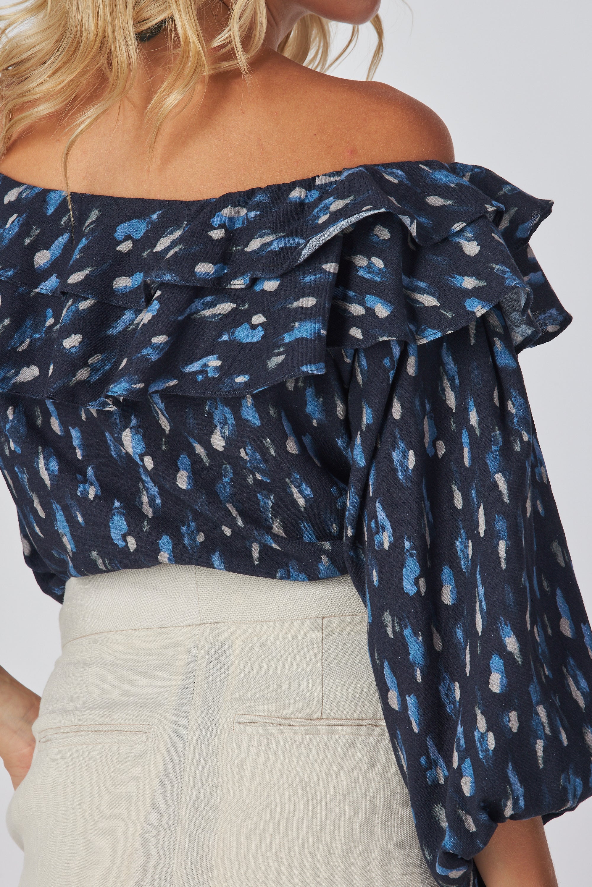 Ethereal Elegance Off-Shoulder Blouse – Lantern Sleeves & Fitted Cuffs – Relaxed Fit Boho Chic Top