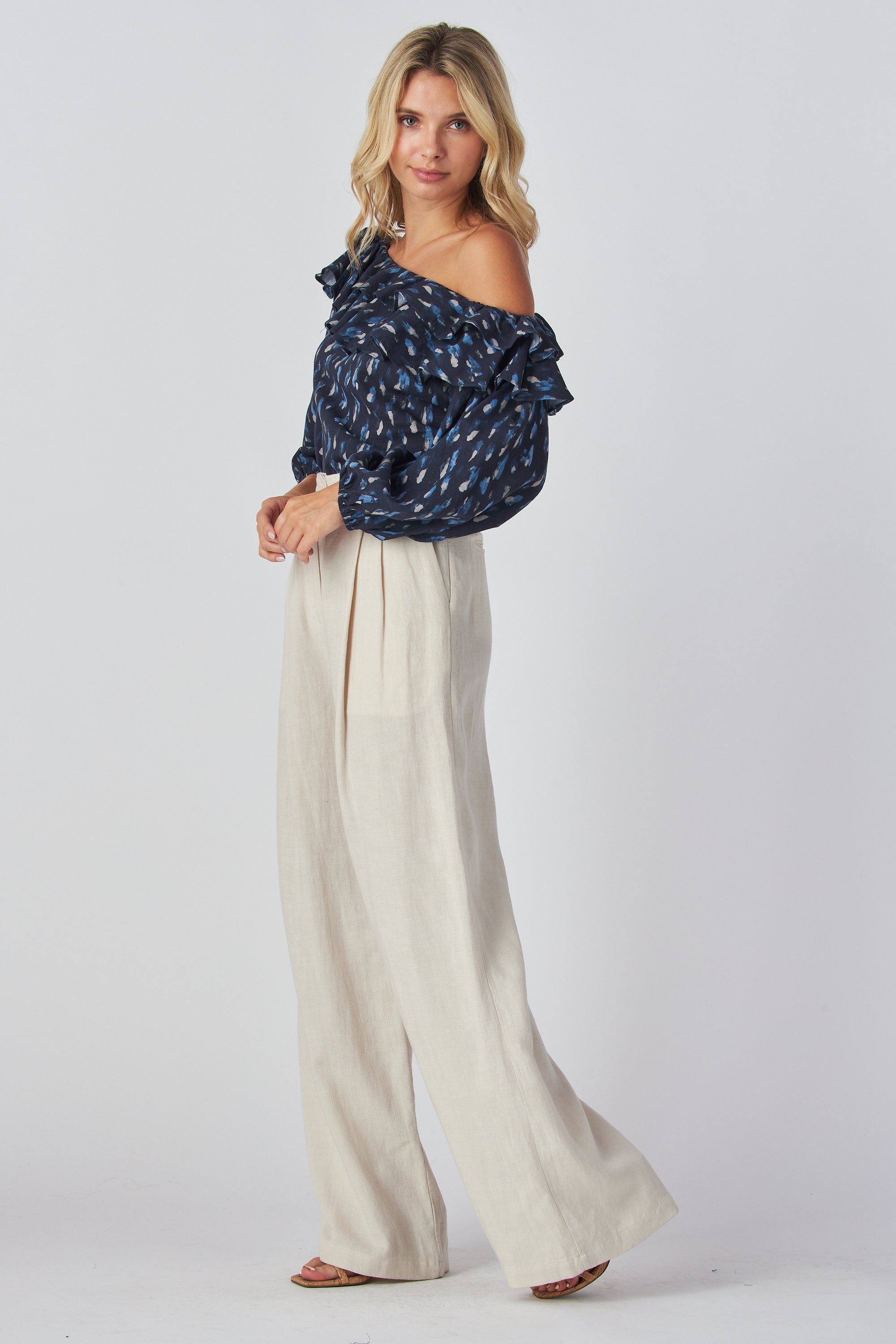 Ethereal Elegance Off-Shoulder Blouse – Lantern Sleeves & Fitted Cuffs – Relaxed Fit Boho Chic Top