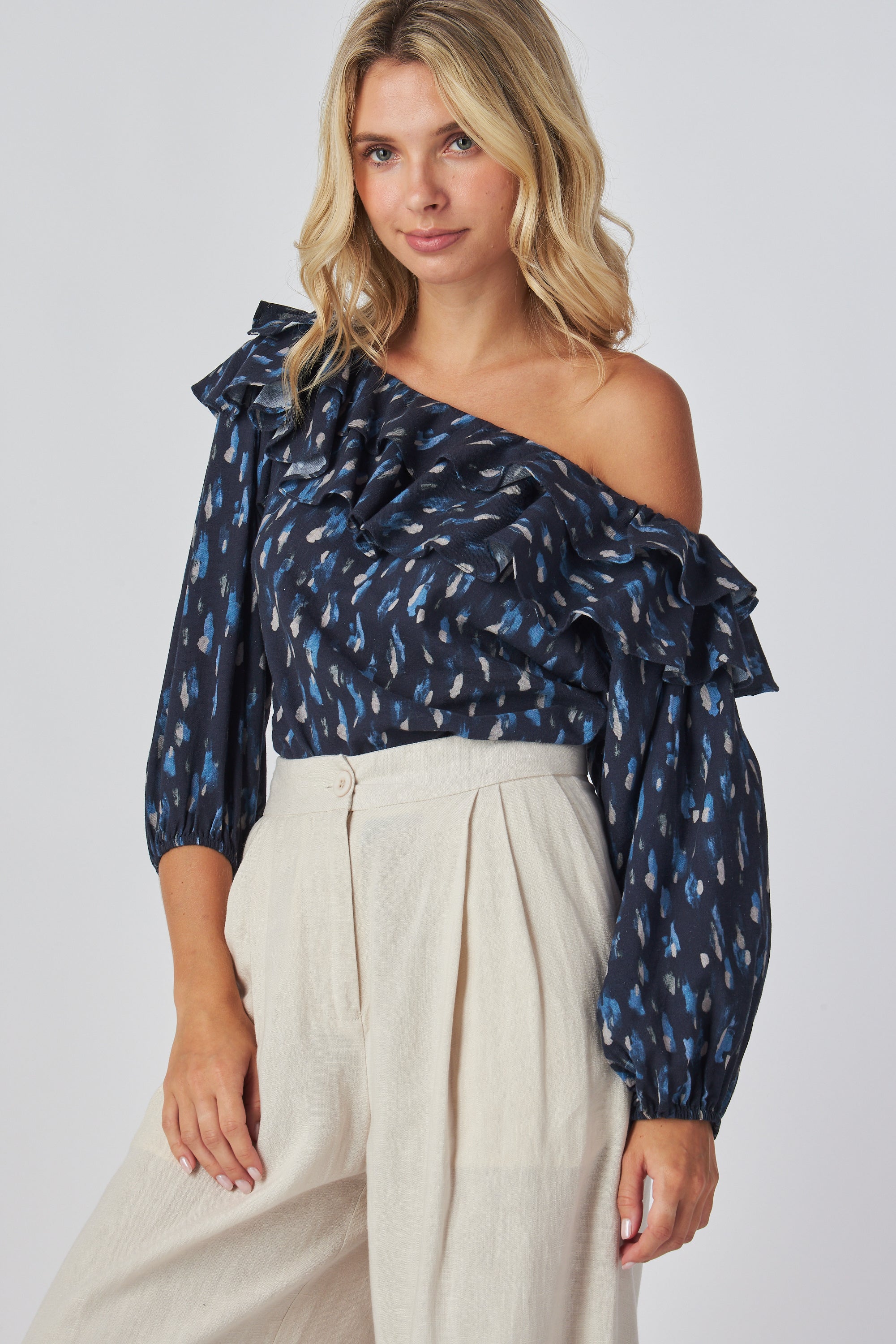 Ethereal Elegance Off-Shoulder Blouse – Lantern Sleeves & Fitted Cuffs – Relaxed Fit Boho Chic Top