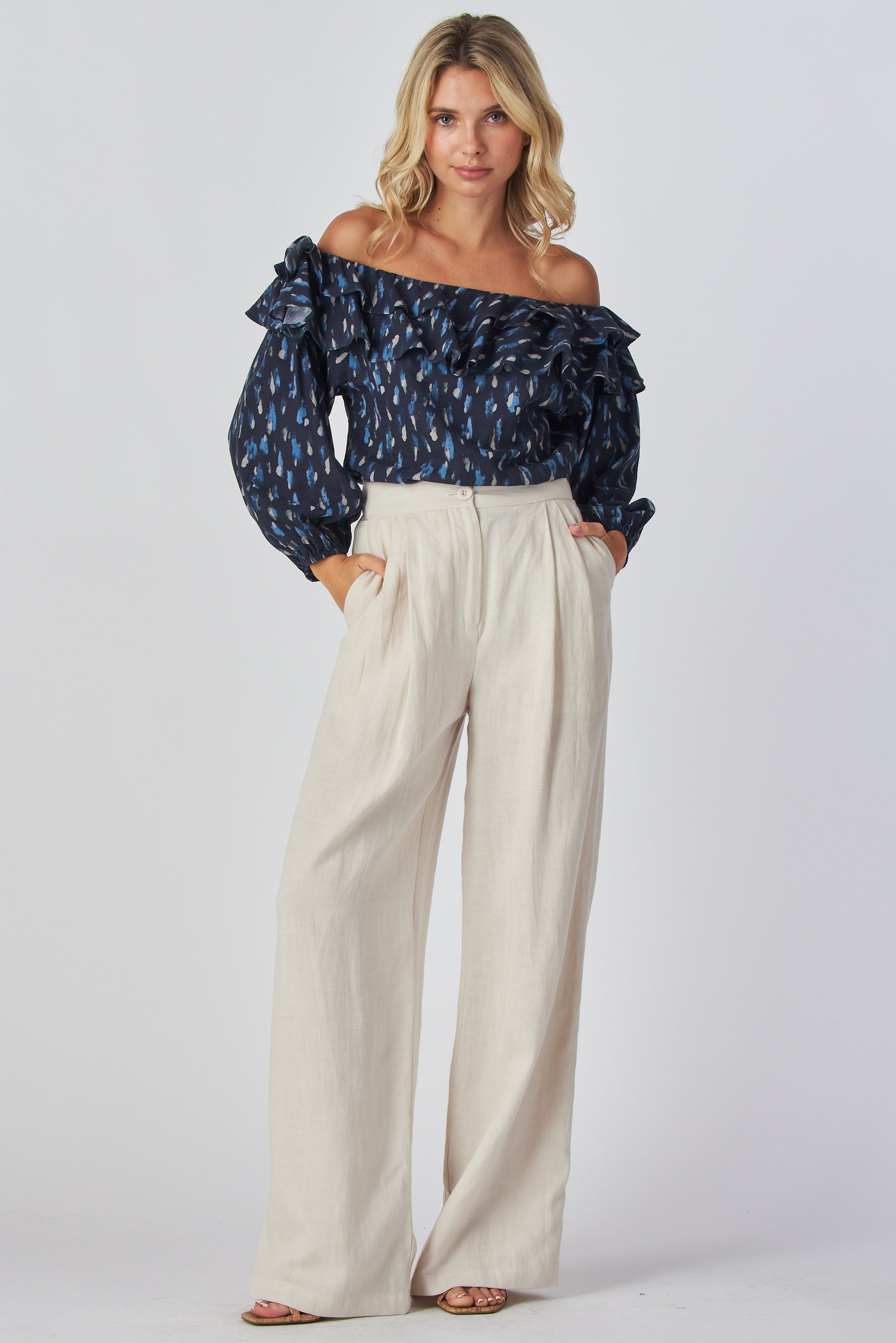 Ethereal Elegance Off-Shoulder Blouse – Lantern Sleeves & Fitted Cuffs – Relaxed Fit Boho Chic Top