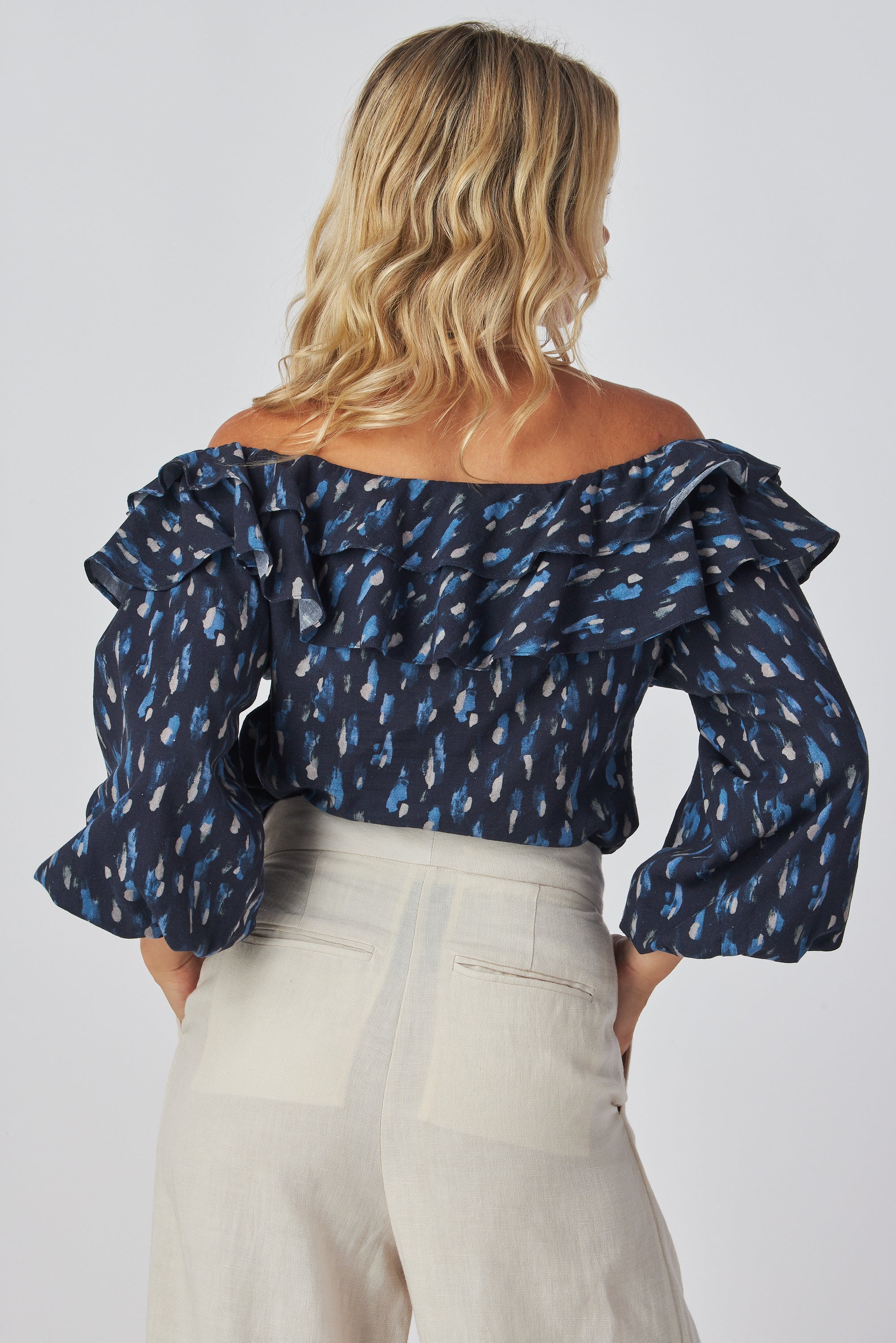Ethereal Elegance Off-Shoulder Blouse – Lantern Sleeves & Fitted Cuffs – Relaxed Fit Boho Chic Top