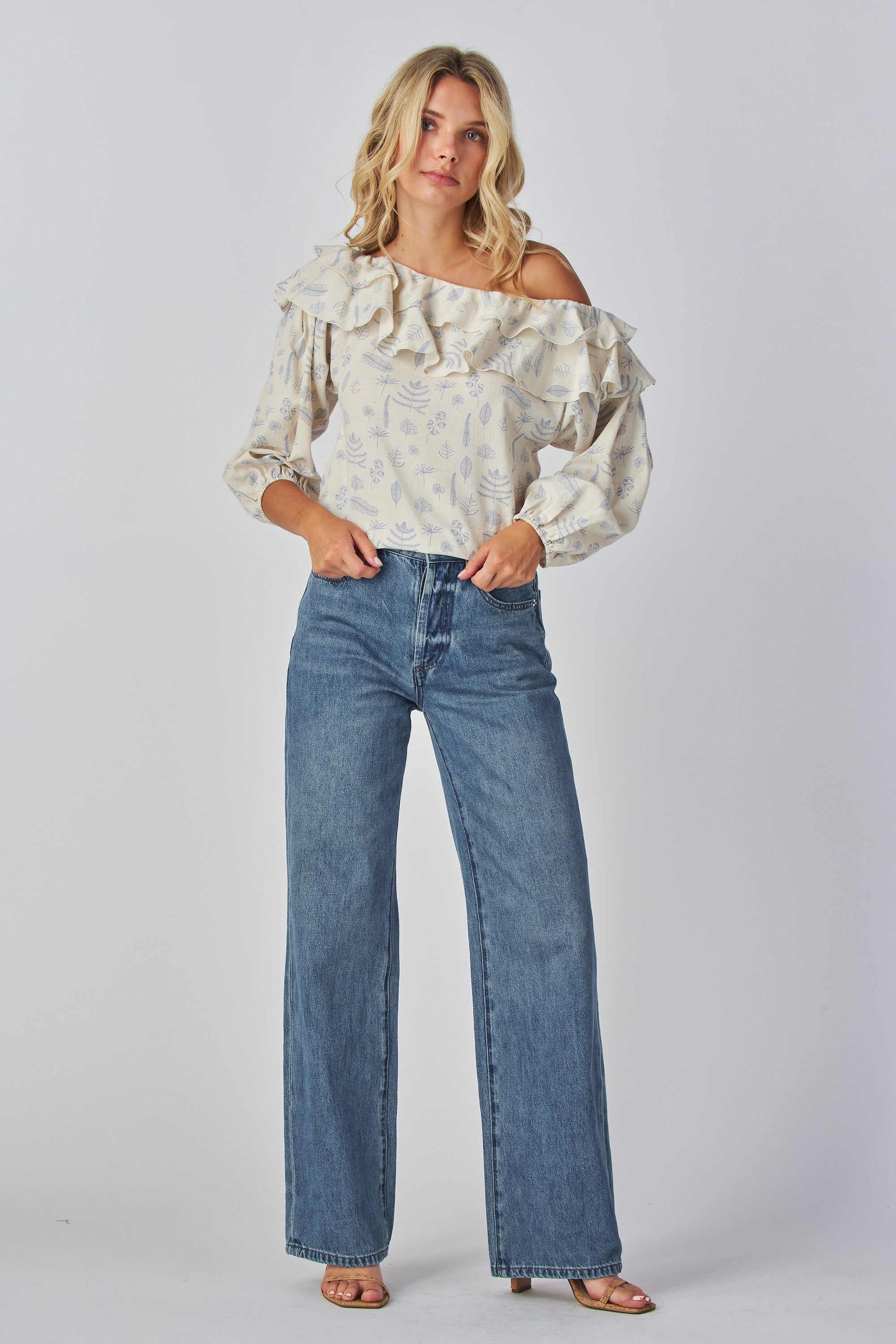 Ethereal Elegance Off-Shoulder Blouse – Lantern Sleeves & Fitted Cuffs – Relaxed Fit Boho Chic Top