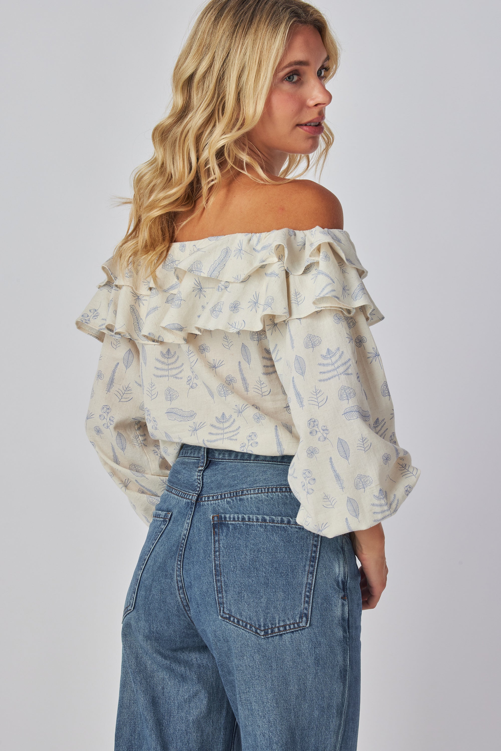 Ethereal Elegance Off-Shoulder Blouse – Lantern Sleeves & Fitted Cuffs – Relaxed Fit Boho Chic Top