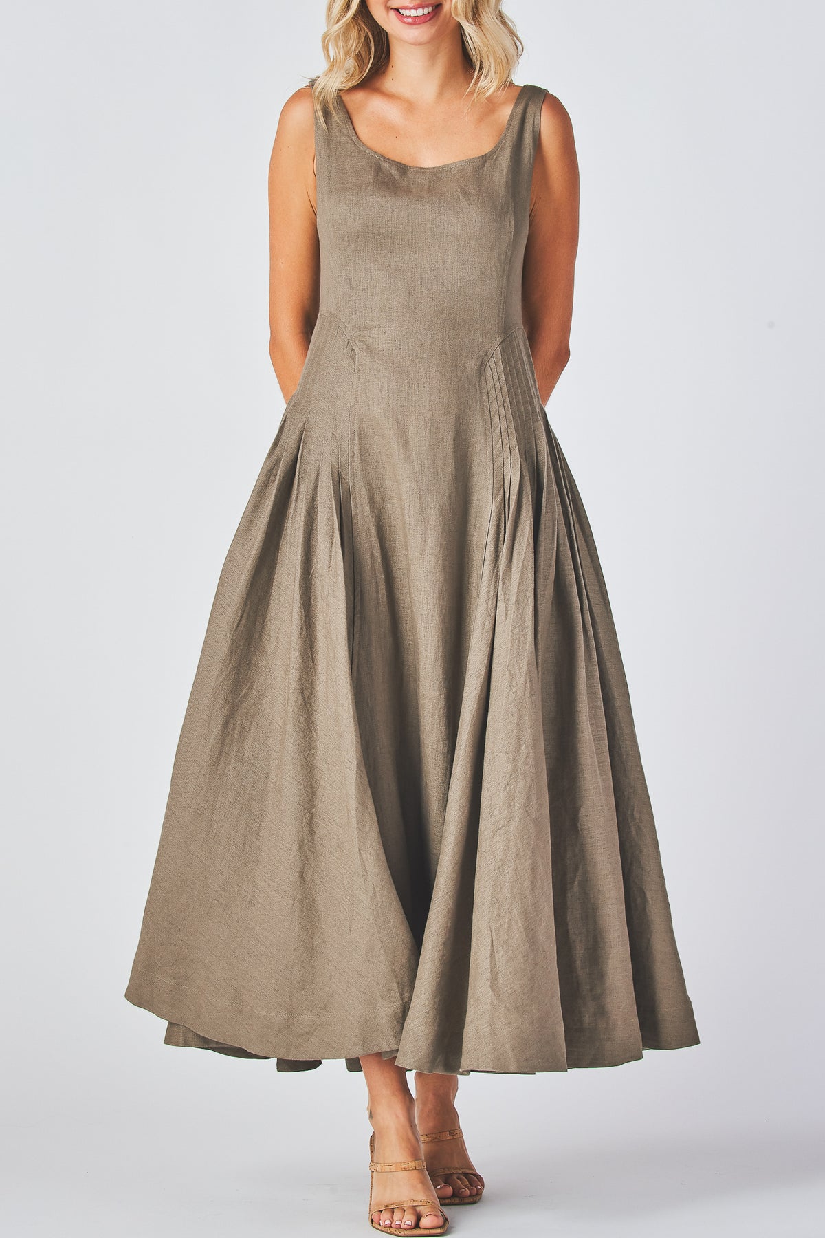 Miranda Dress in mocha linen, full length front view