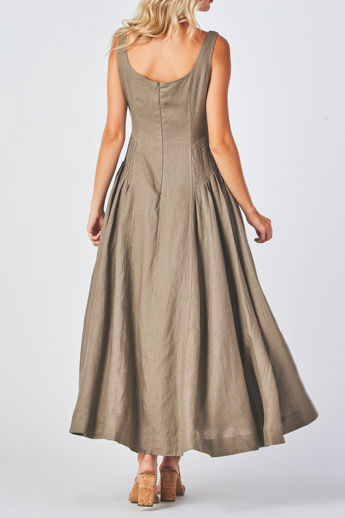 Miranda Dress in mocha linen, three quarter view of the shaped bodice