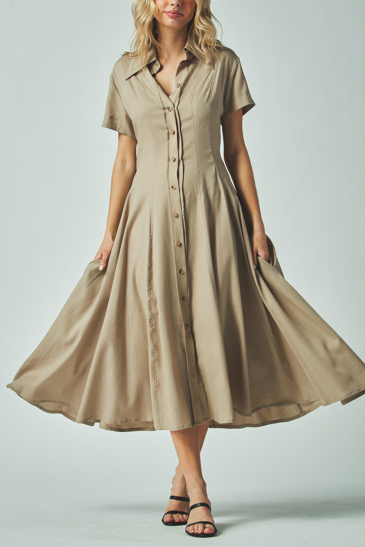 Nora Dress in taupe showing the full button front, front view