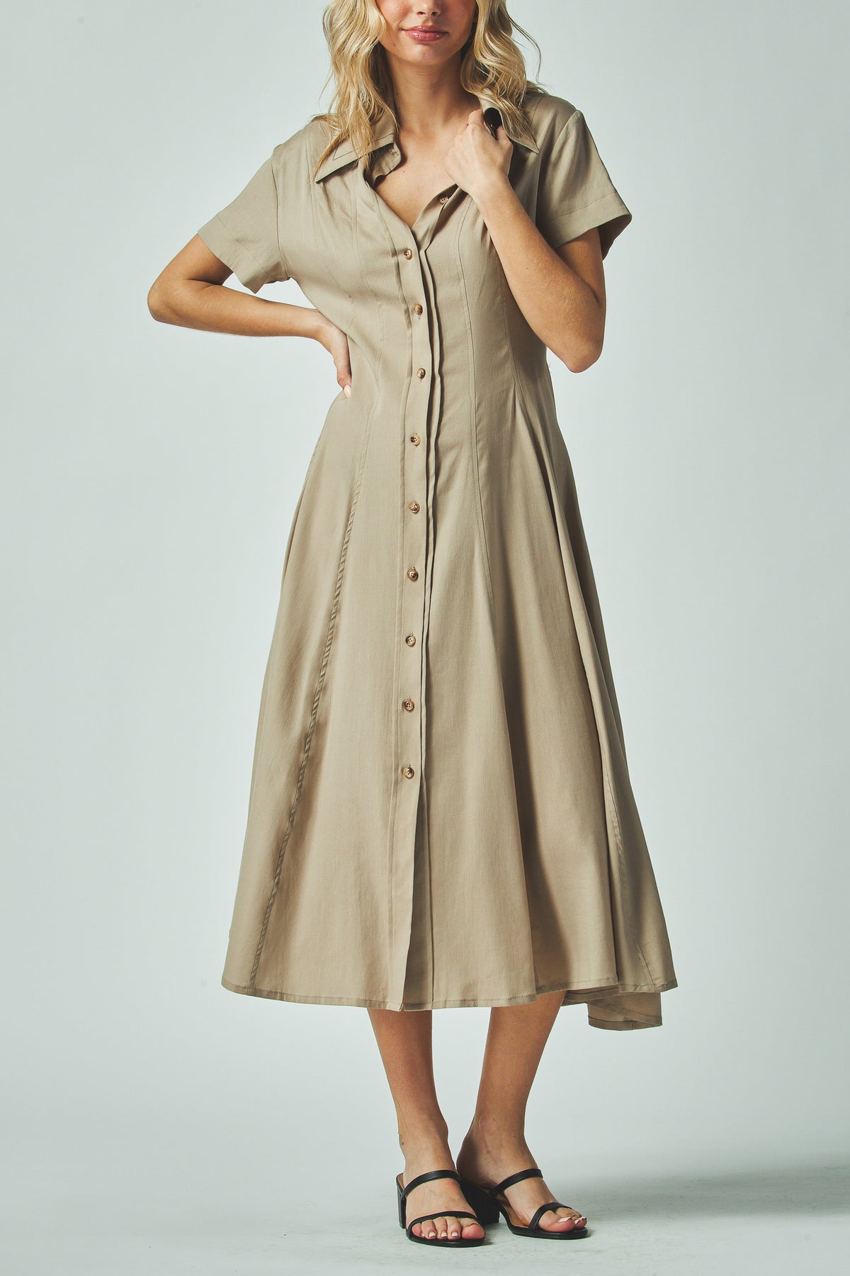 Nora Dress in taupe, three quarter view of the collar and button placket