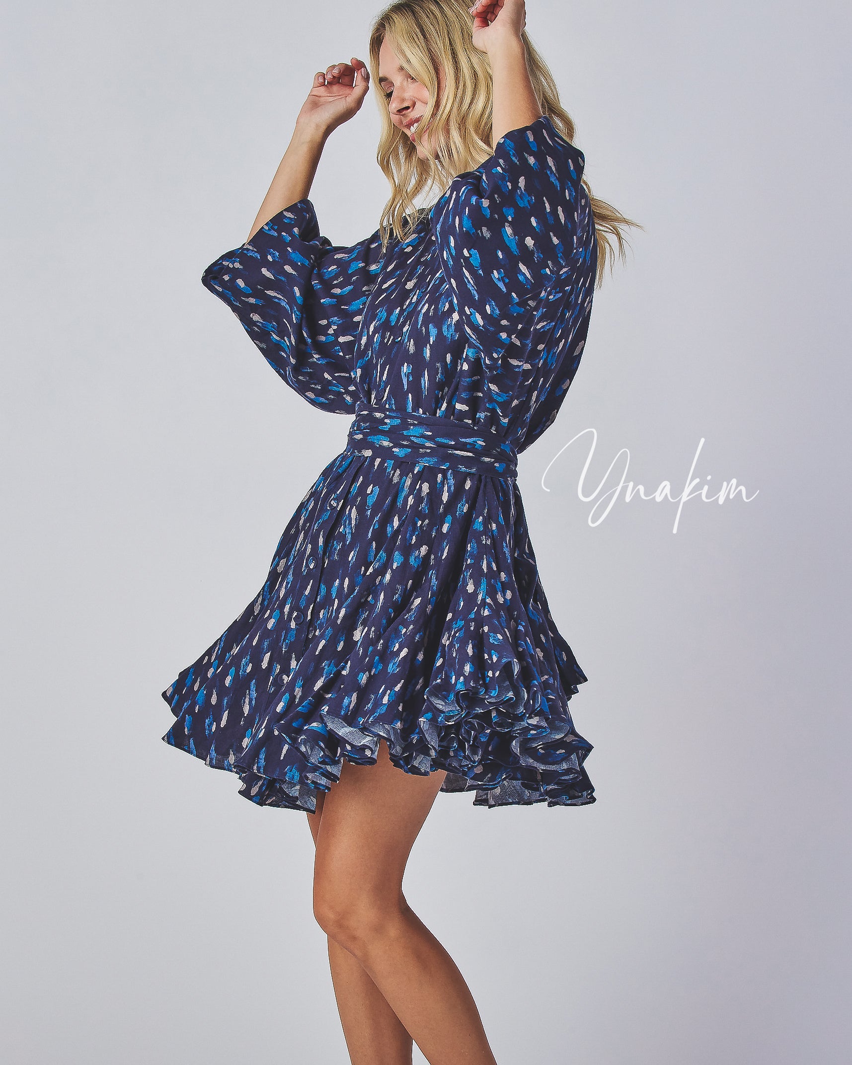 Navy Printed Long Sleeve Mini Dress with Belt