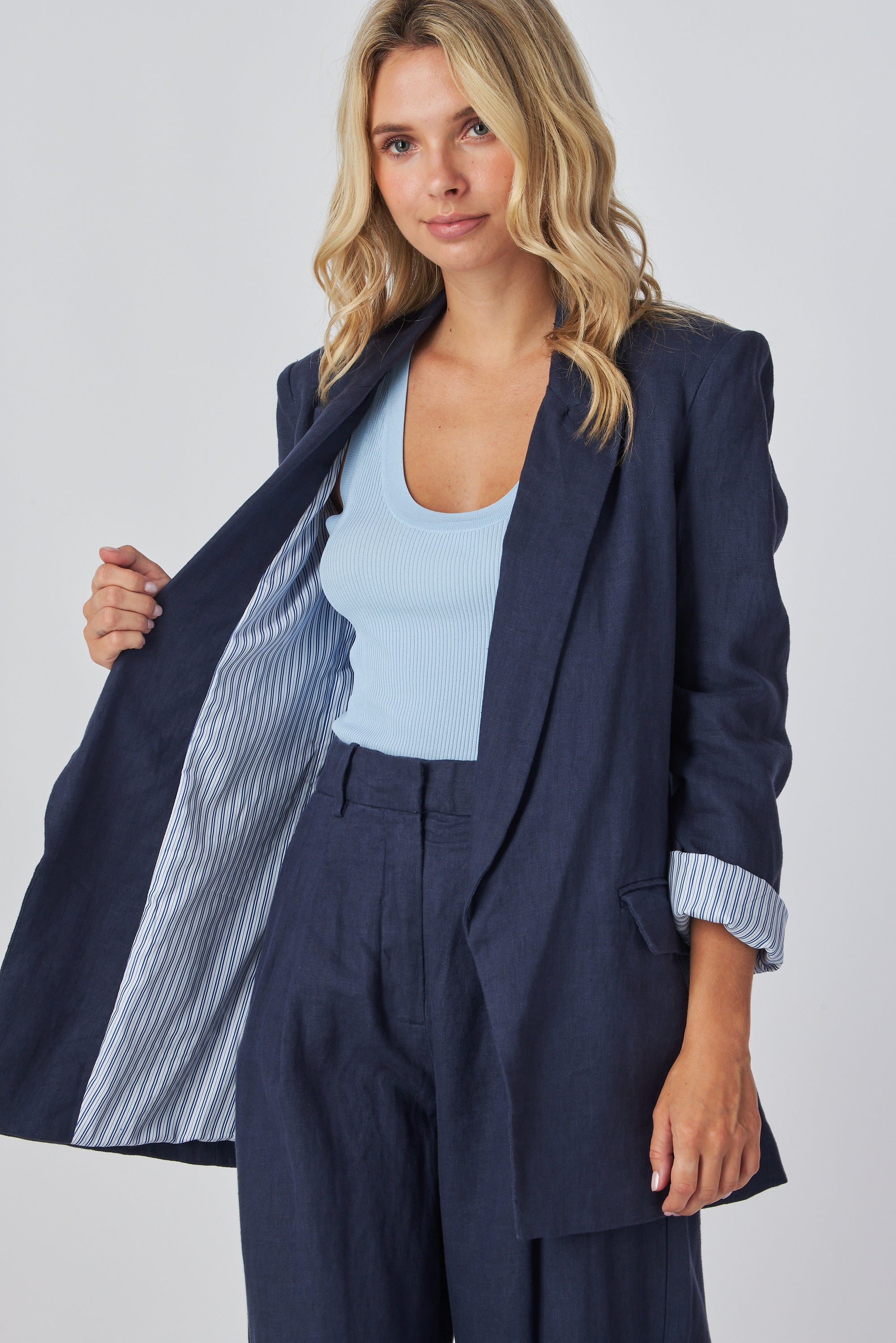 Navy Jacket Button Less Roll up Cuffs Sport Blazer Notched Lapel Front Pockets