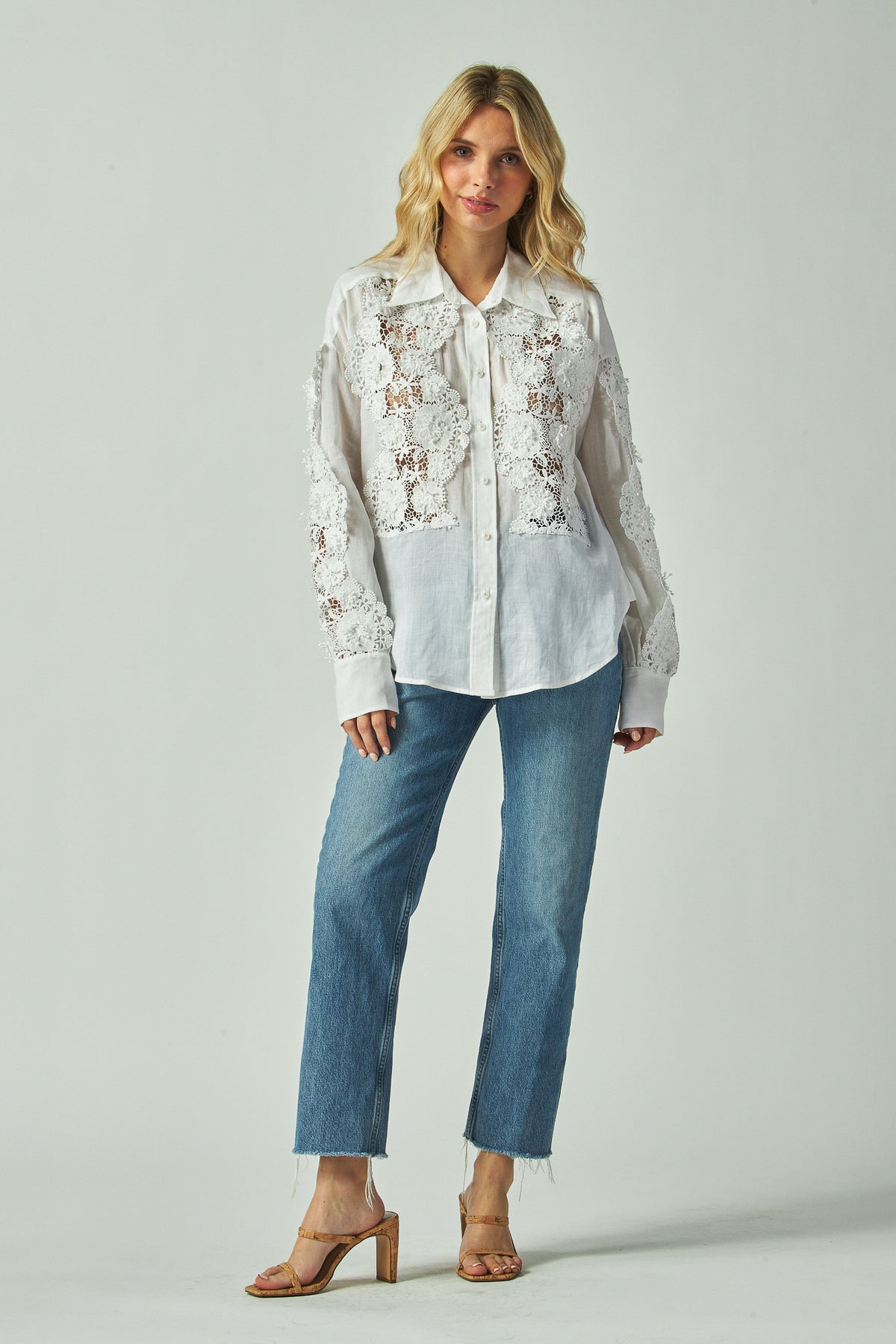 Scarlette Top in ivory ramie, cutwork lace button front top, full length front view