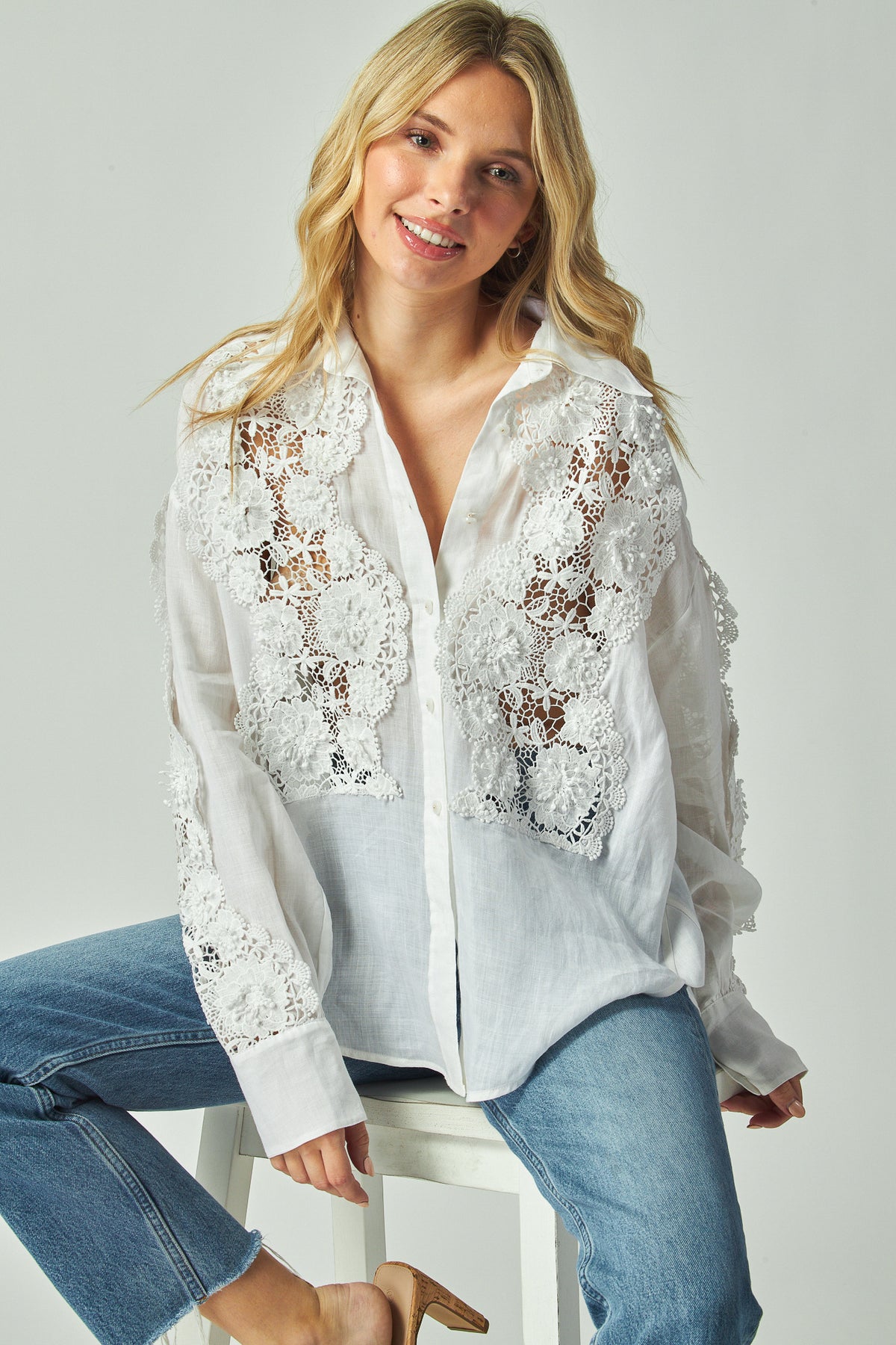 Scarlette Top in ivory ramie, cutwork lace button front top, front view with the collar open